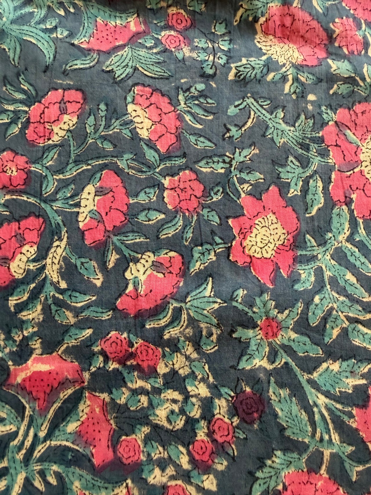 Block Print Cotton Fabric - Pink Turquoise