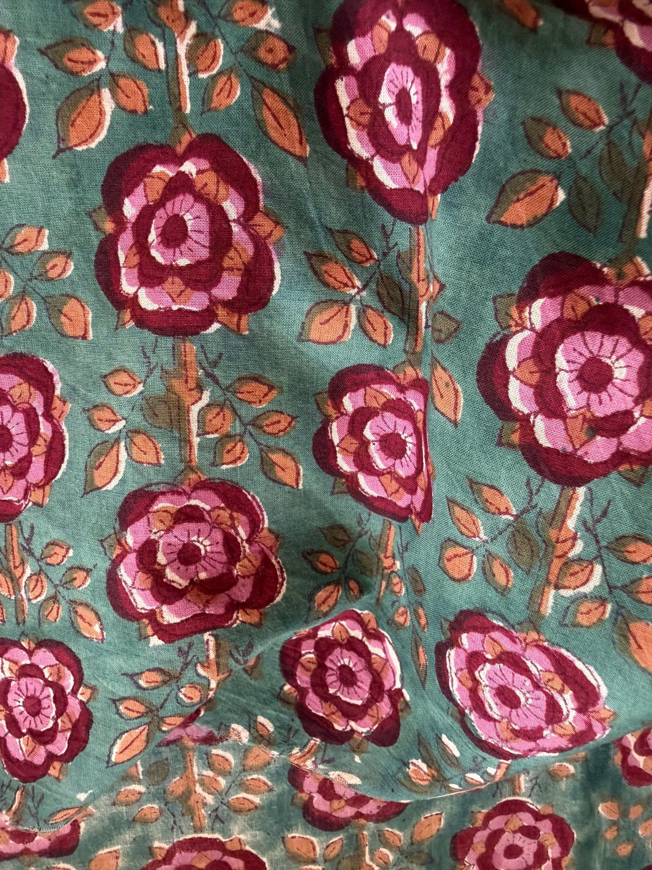 Block Print Cotton Fabric - Raspberry Turquoise