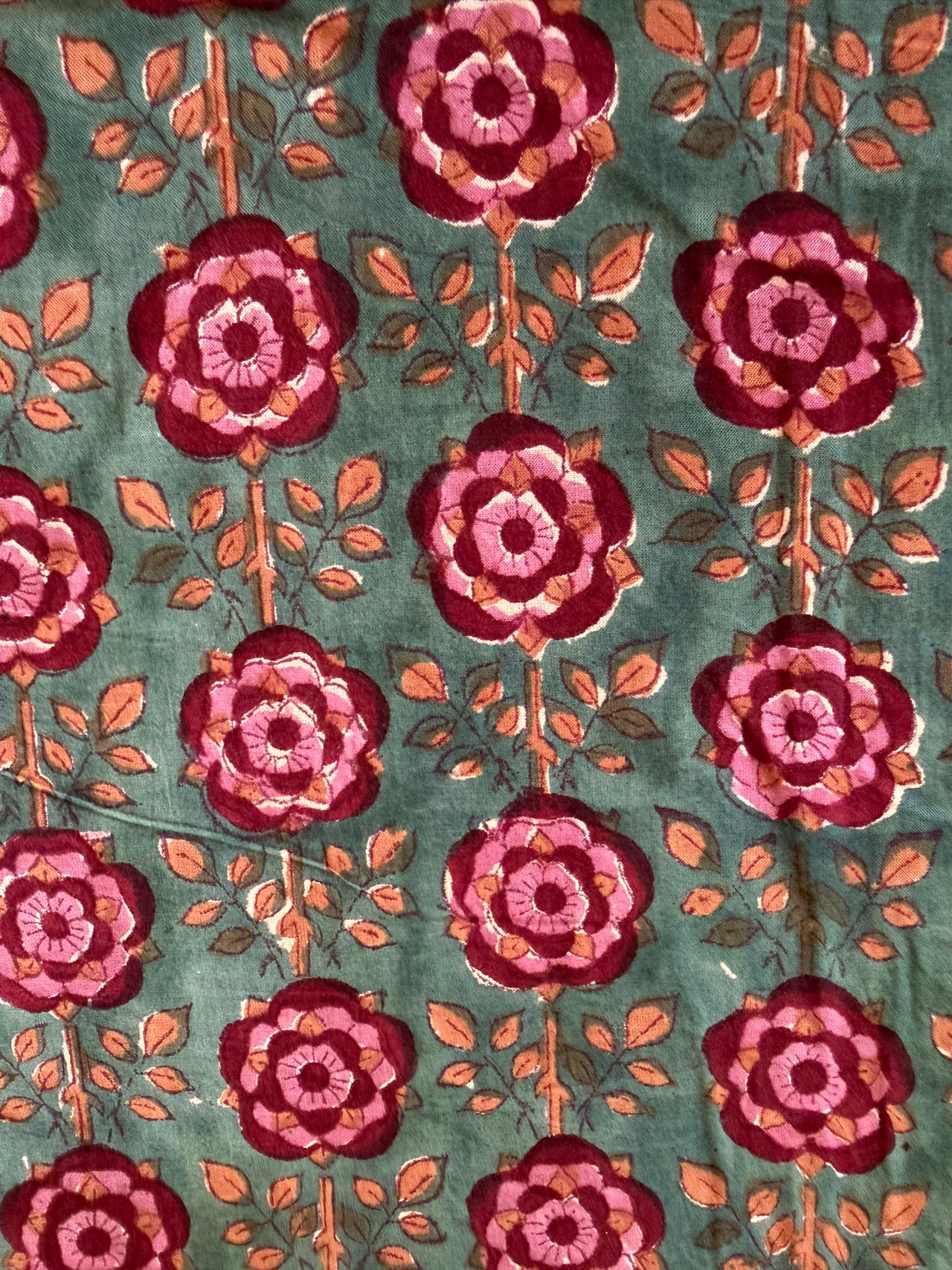 Block Print Cotton Fabric - Raspberry Turquoise