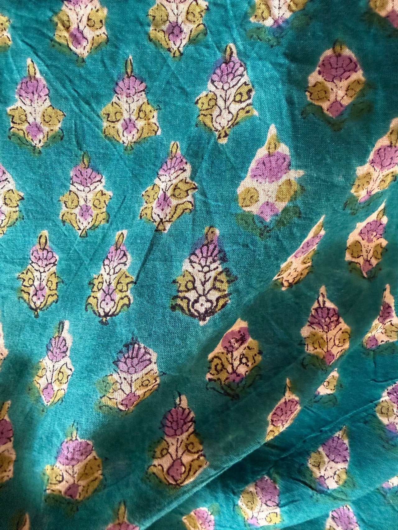 Block Print Cotton Fabric - Mauve Small Floral on Turquoise