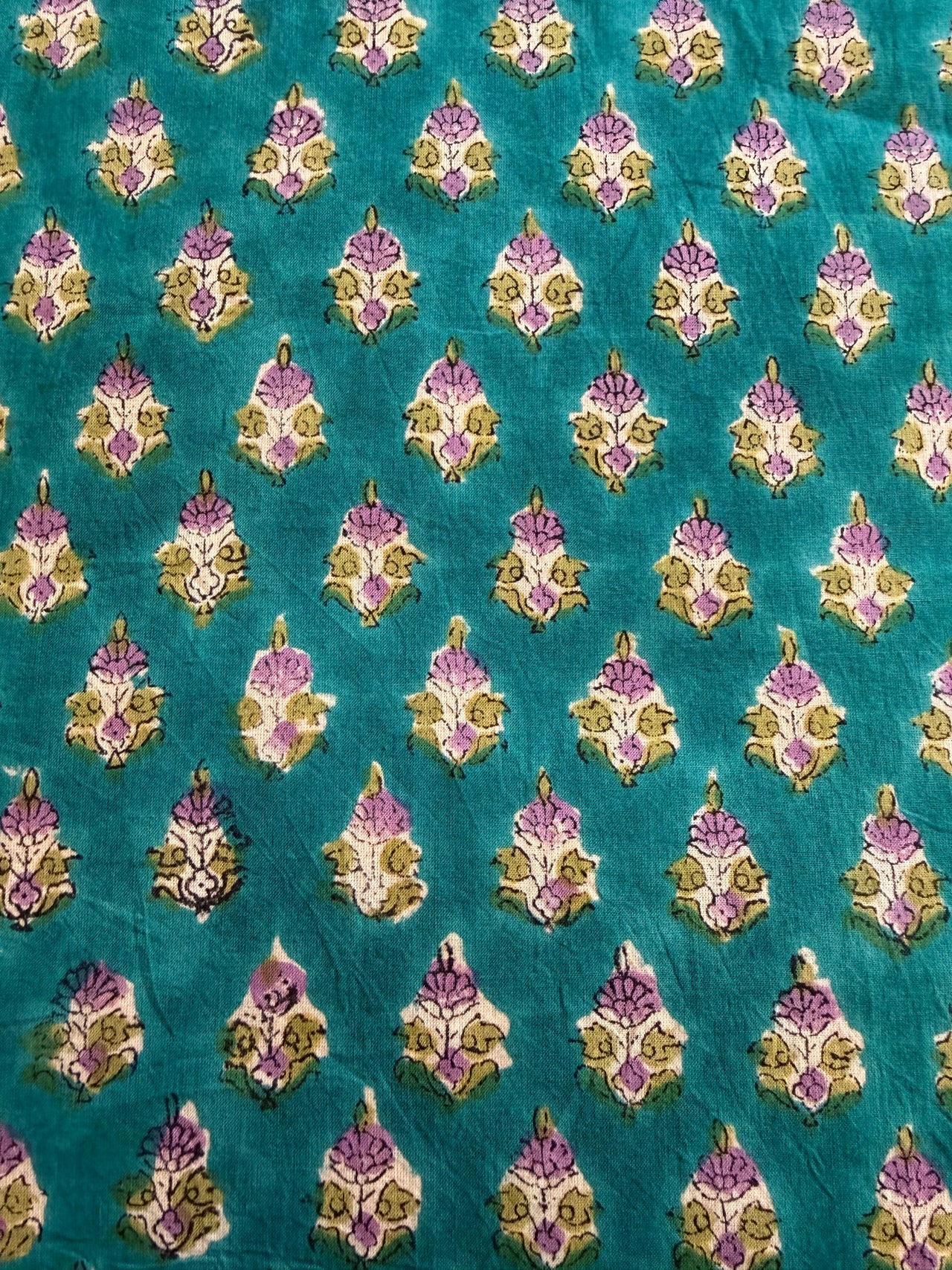Block Print Cotton Fabric - Mauve Small Floral on Turquoise