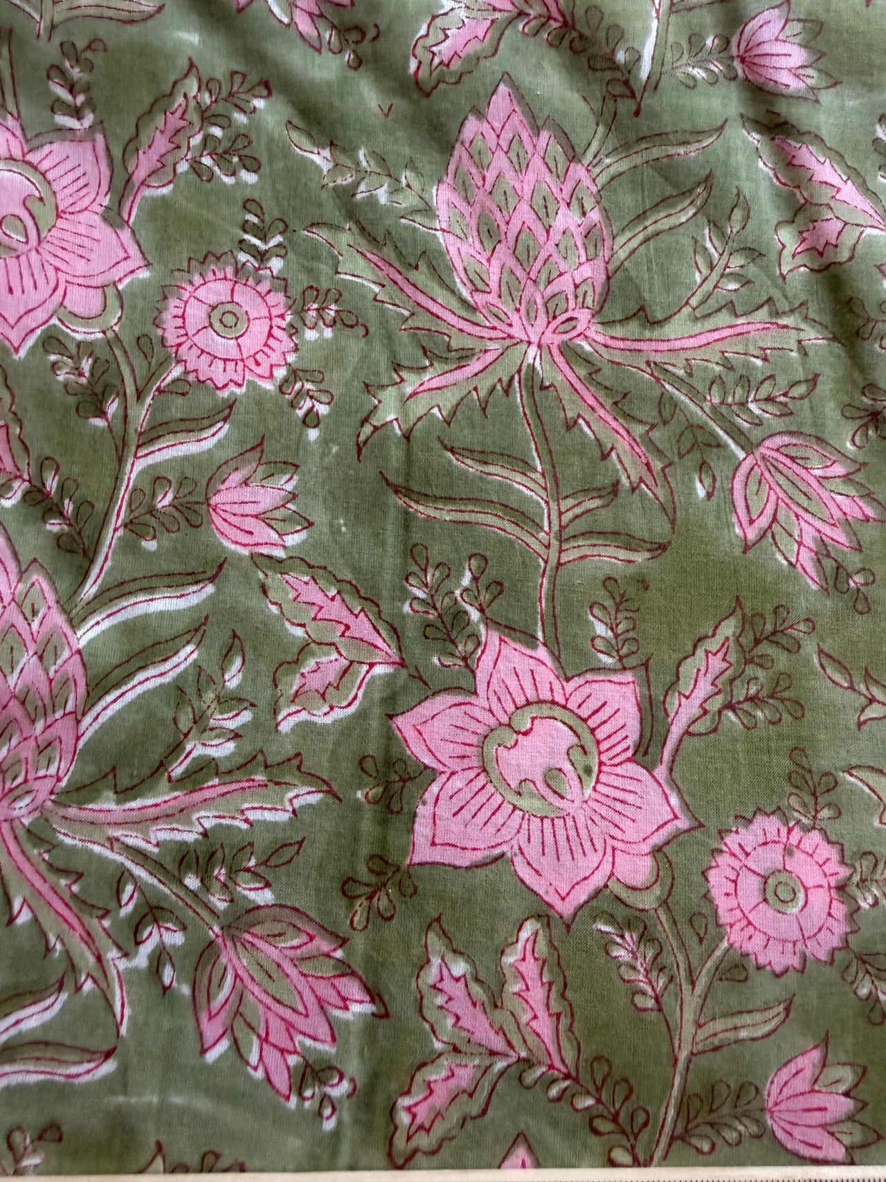 Block Print Cotton Fabric - Green Pink with Border