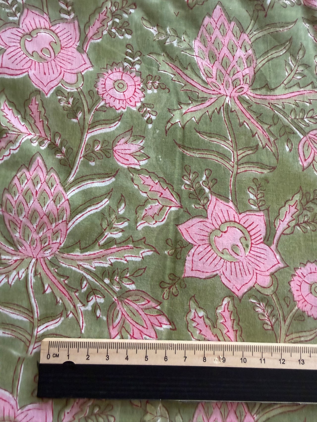 Block Print Cotton Fabric - Green Pink with Border