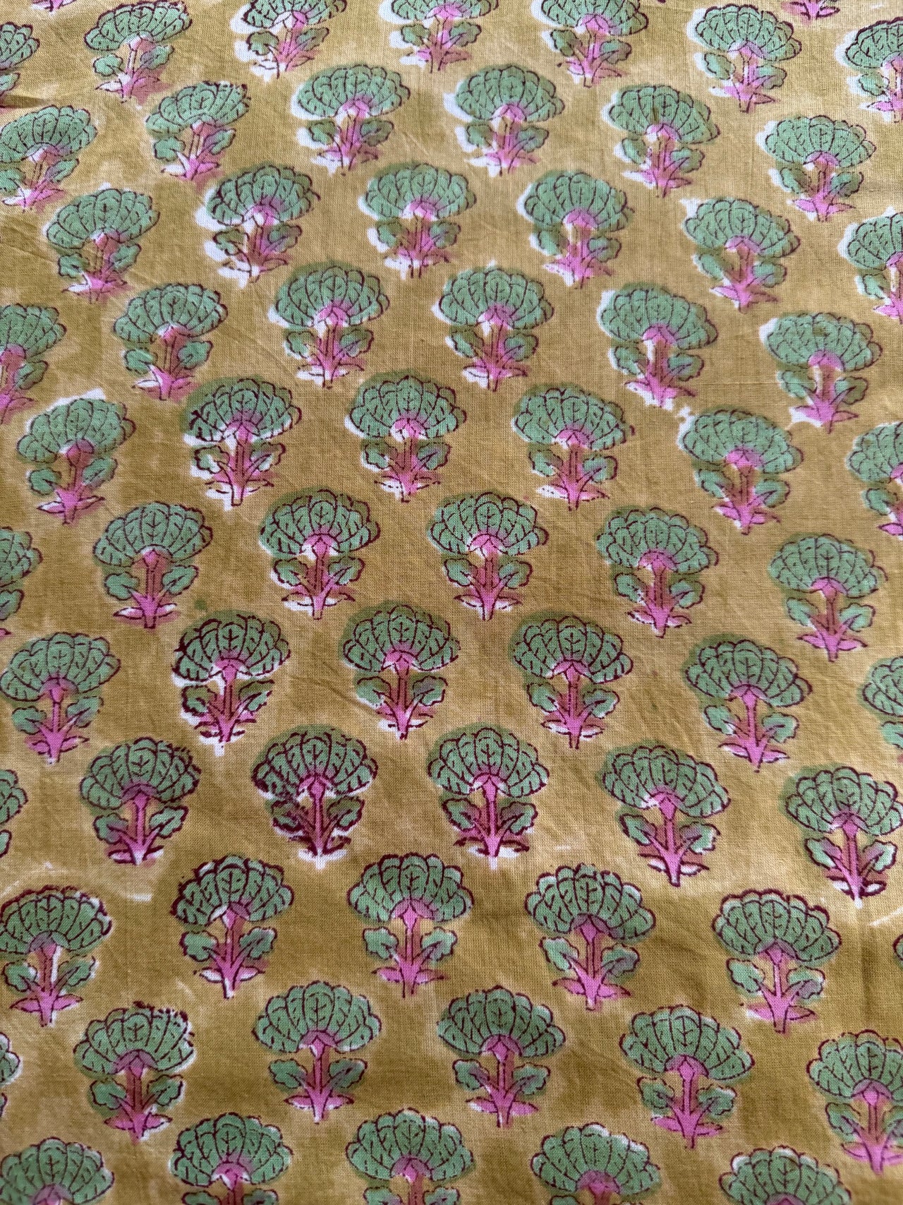 Block Print Cotton Fabric - Small Pink Green