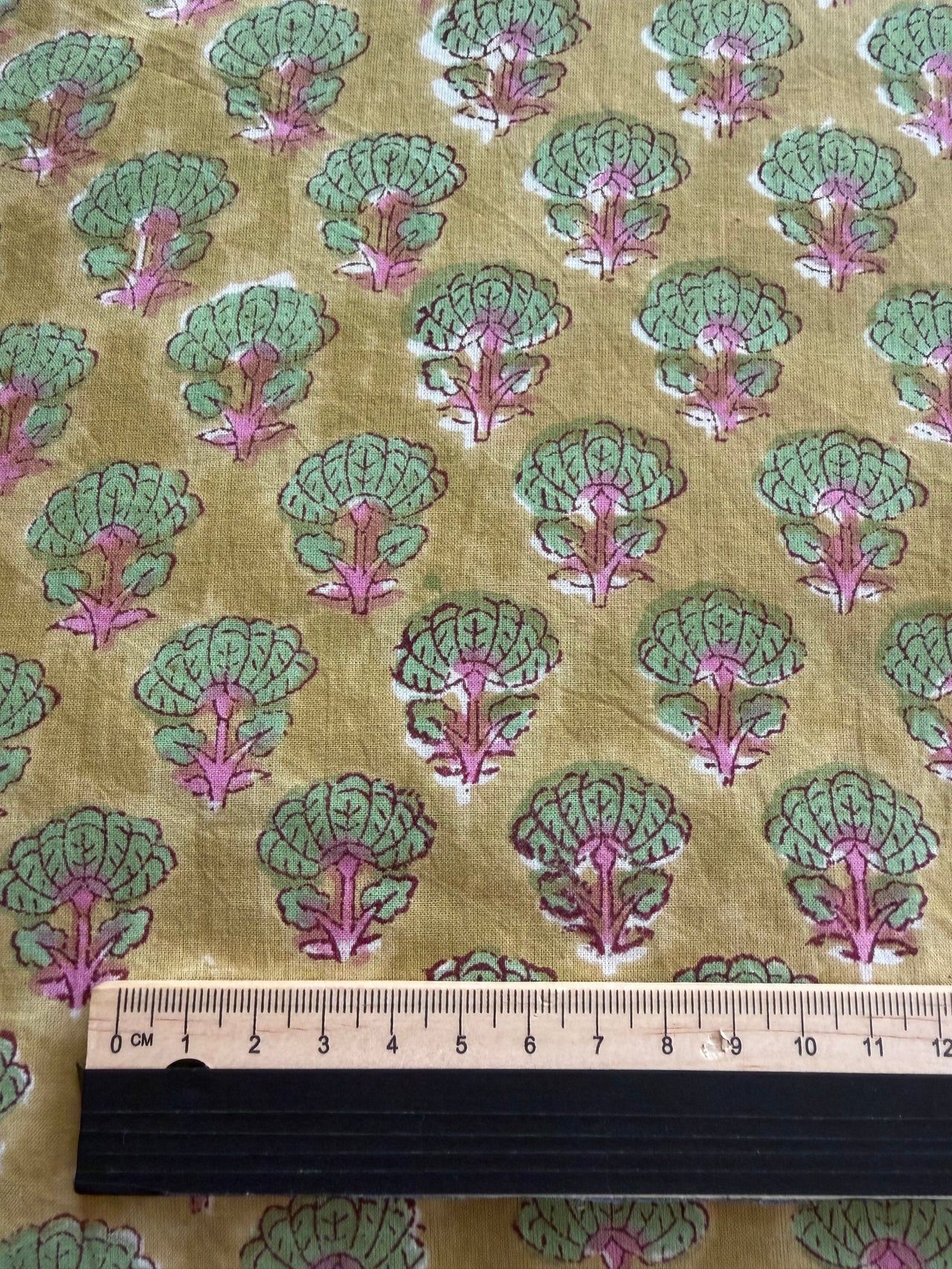 Block Print Cotton Fabric - Small Pink Green