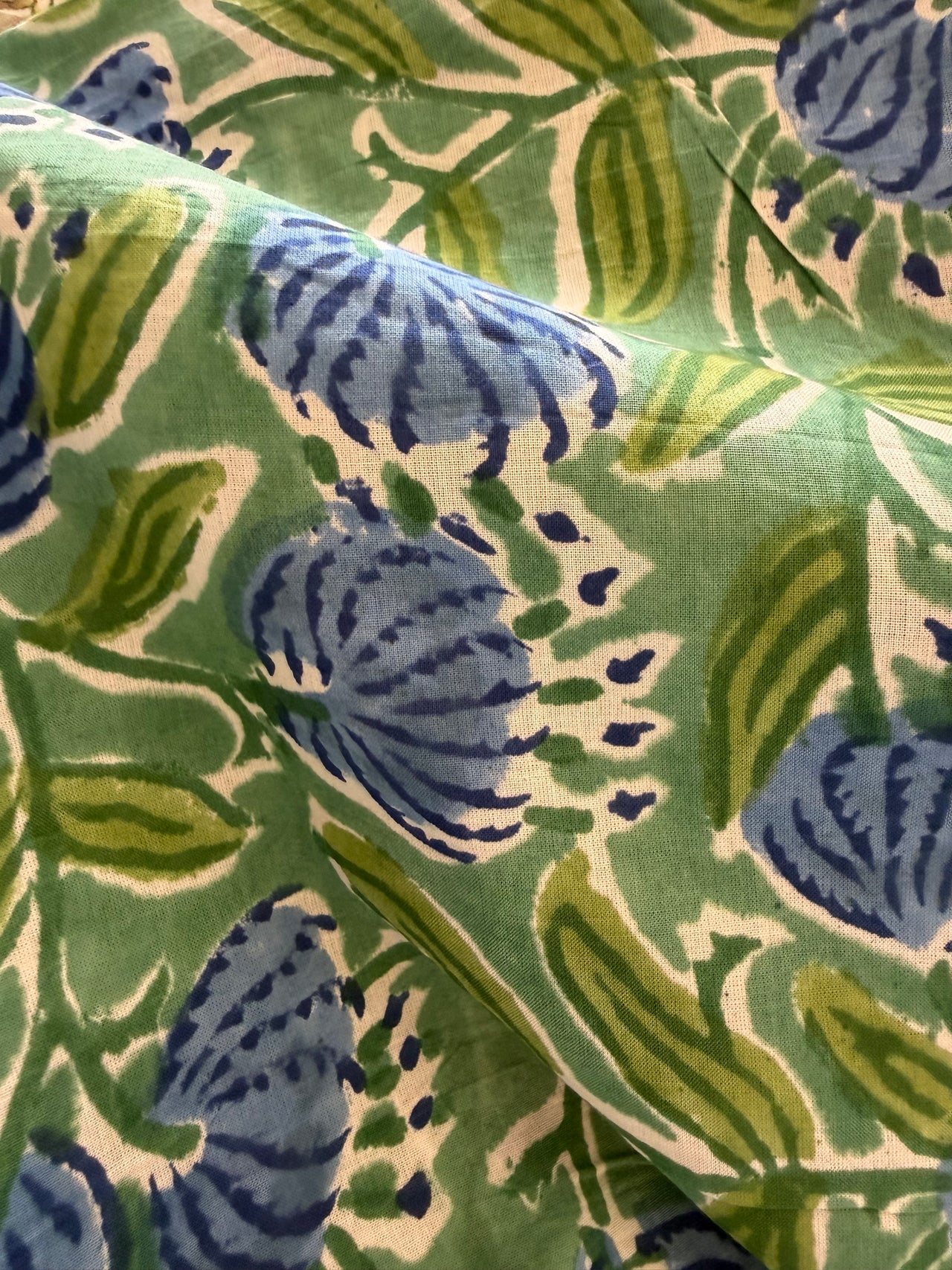 Block Print Cotton Fabric - Blue Green