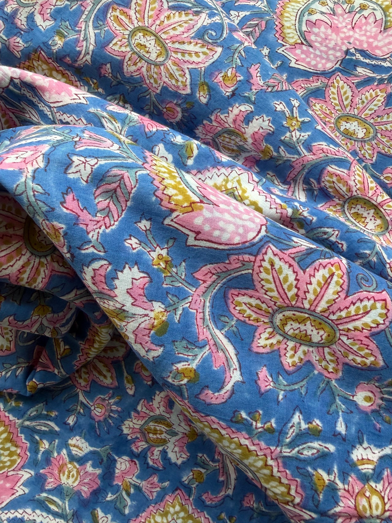 Block Print Cotton Fabric - Blue Pink