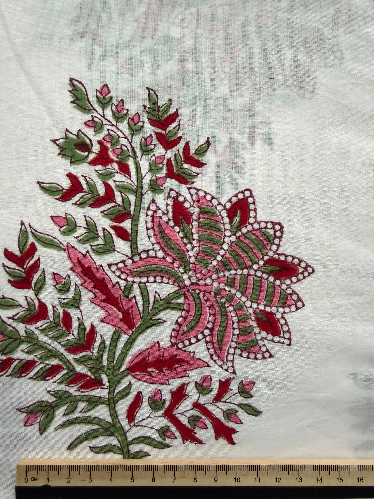 Block Print Cotton Fabric - White With Red & Green Floral
