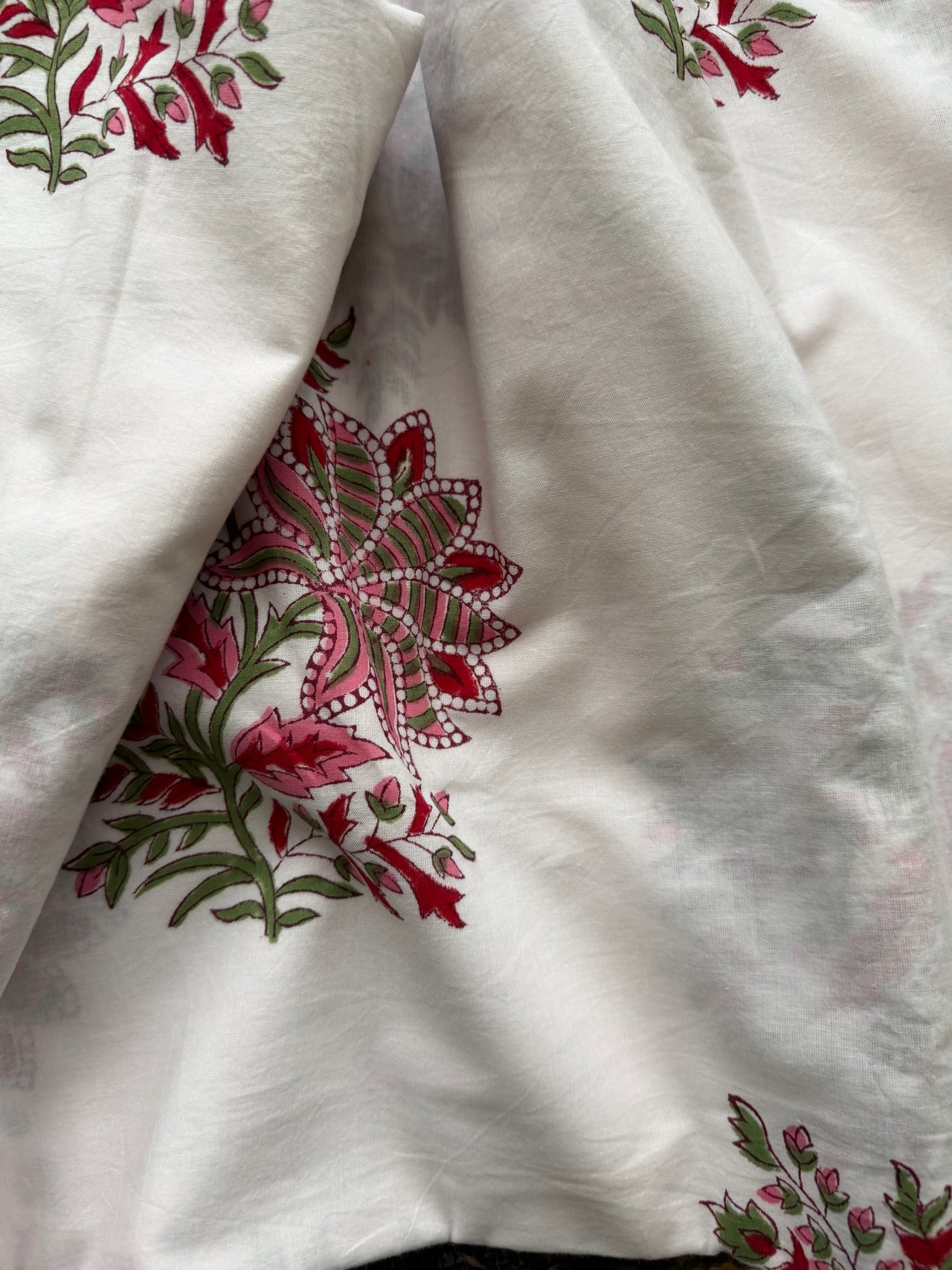 Block Print Cotton Fabric - White With Red & Green Floral