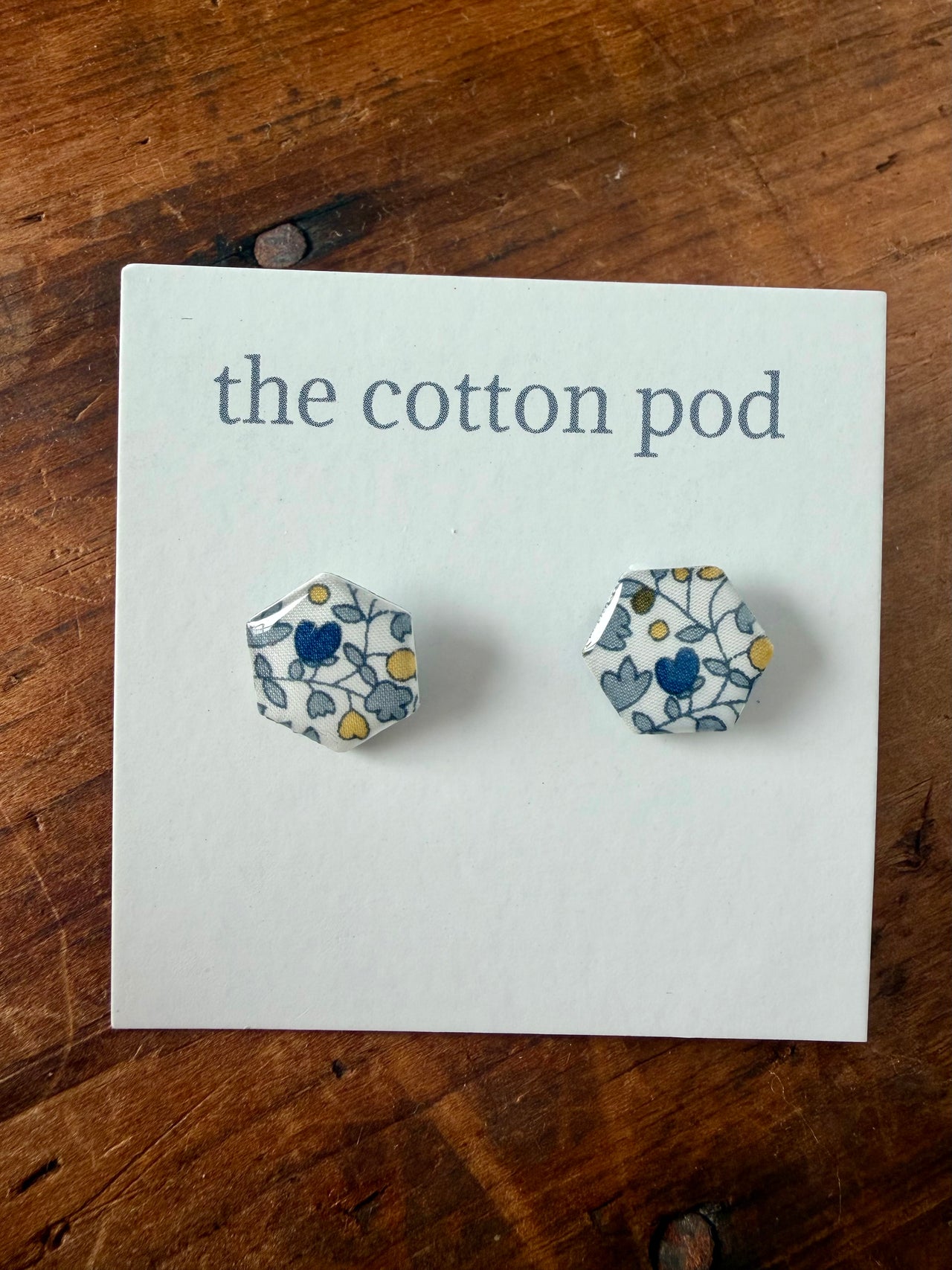 Liberty Stud Earrings - Blue, Grey & Yellow Hexagon