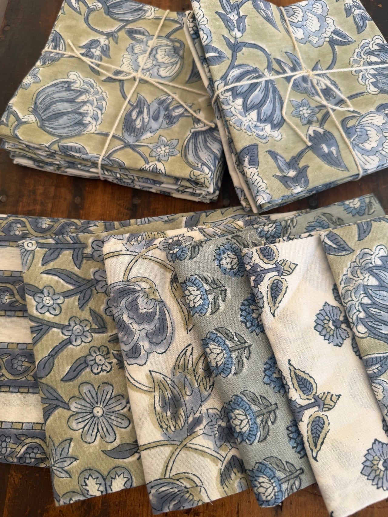 100% Cotton Block Print Fat Quarters - Slate & Sage Floral