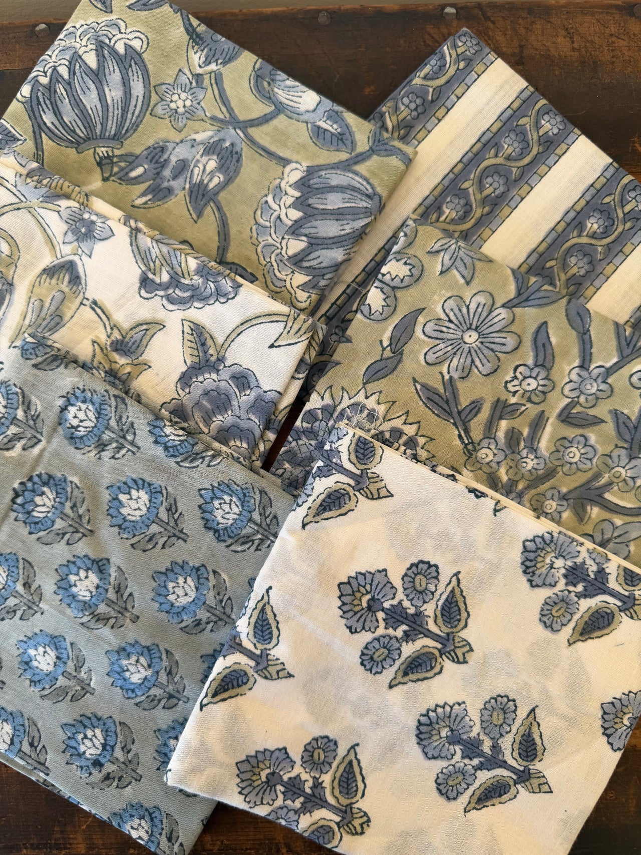 100% Cotton Block Print Fat Quarters - Slate & Sage Floral