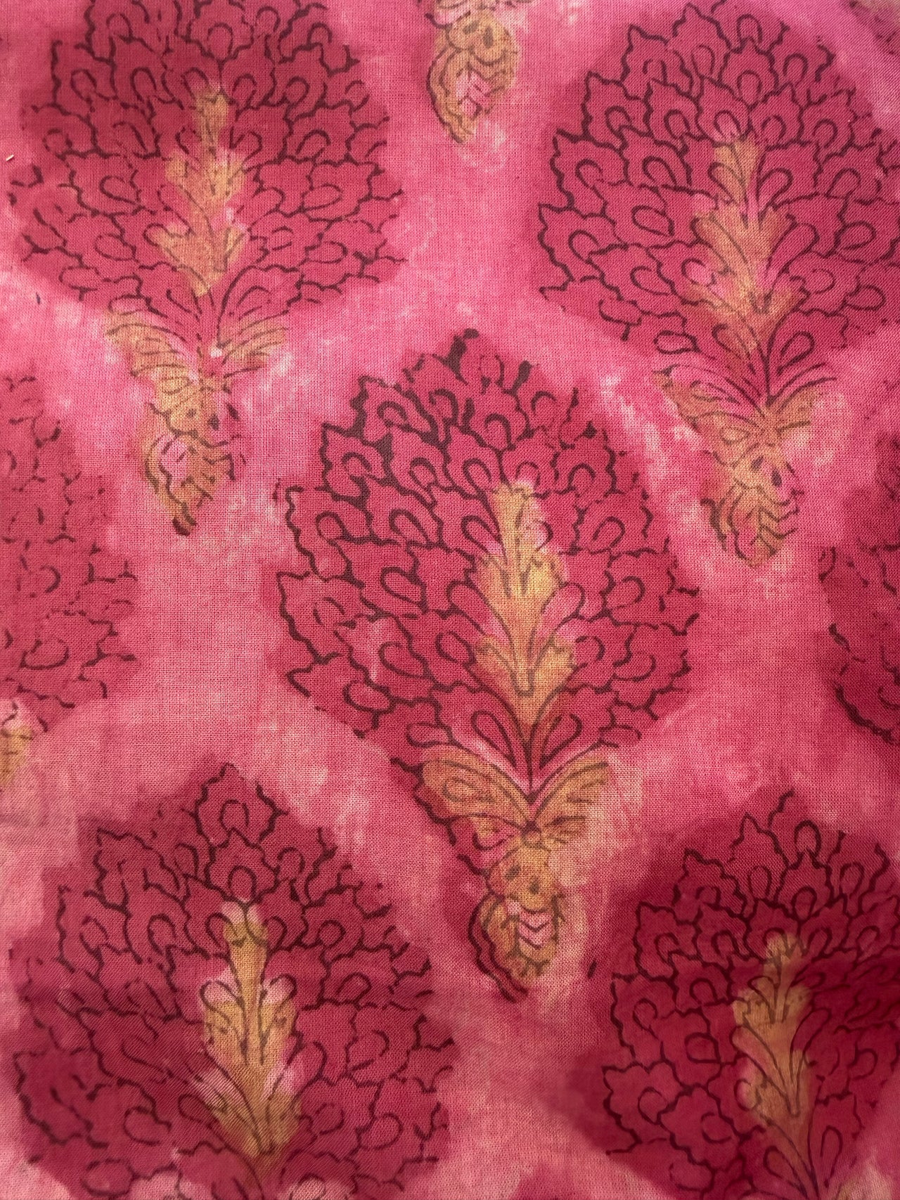 Block Print Cotton Fabric - Pink Hydrangeas