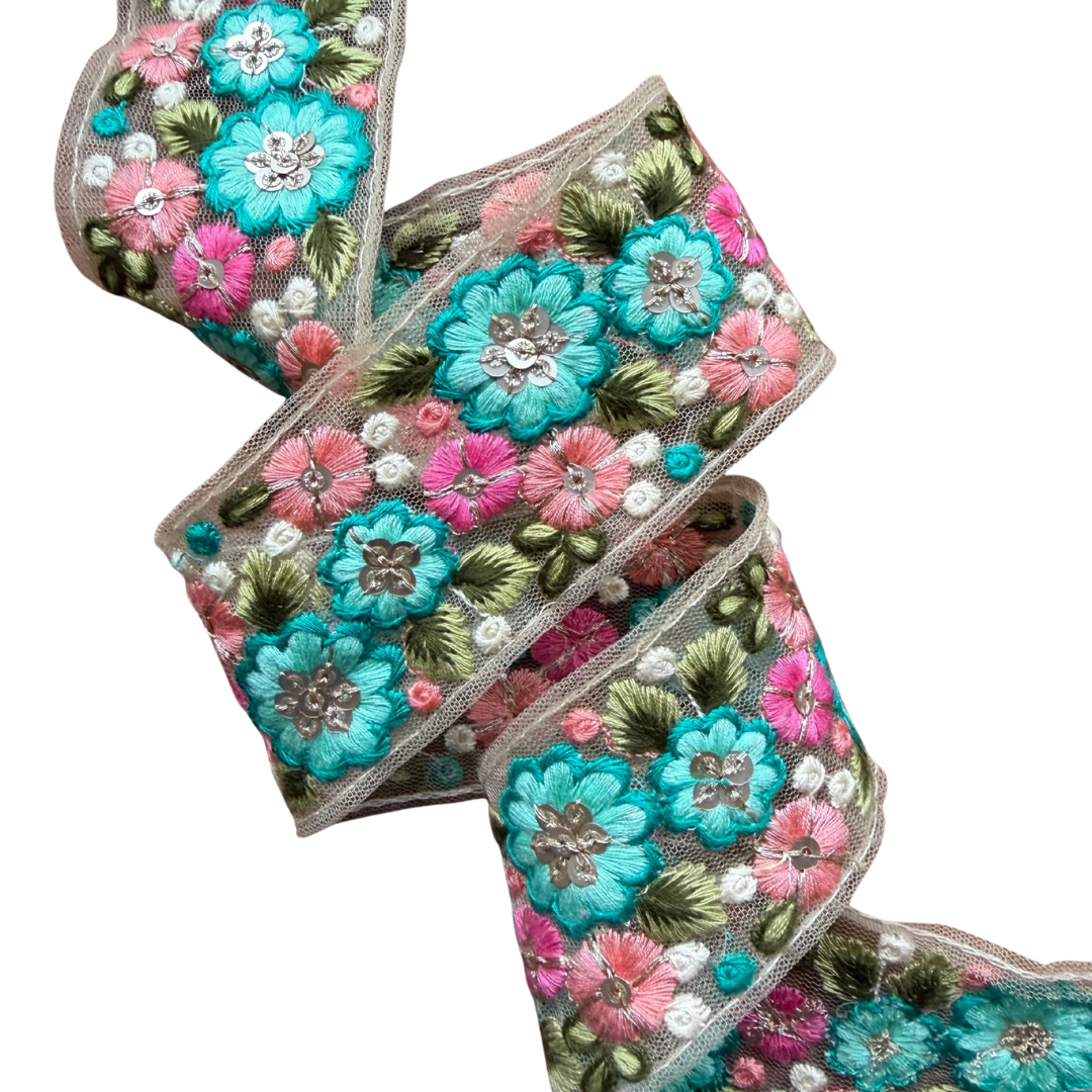 Aqua Pink Spring Floral Ribbon