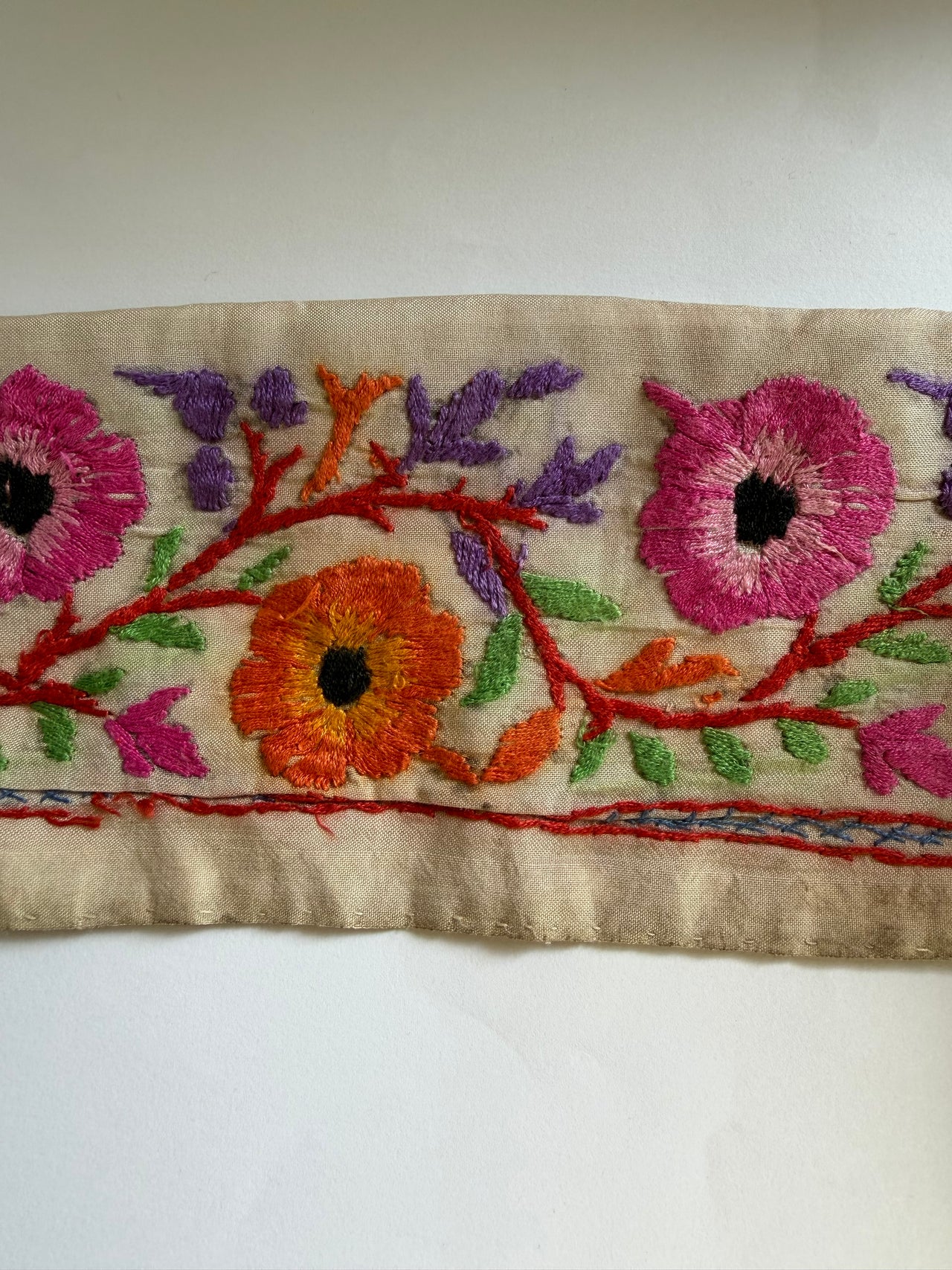 Upcyled Saree Trim - Pink & Orange Flowers Hand Stitched