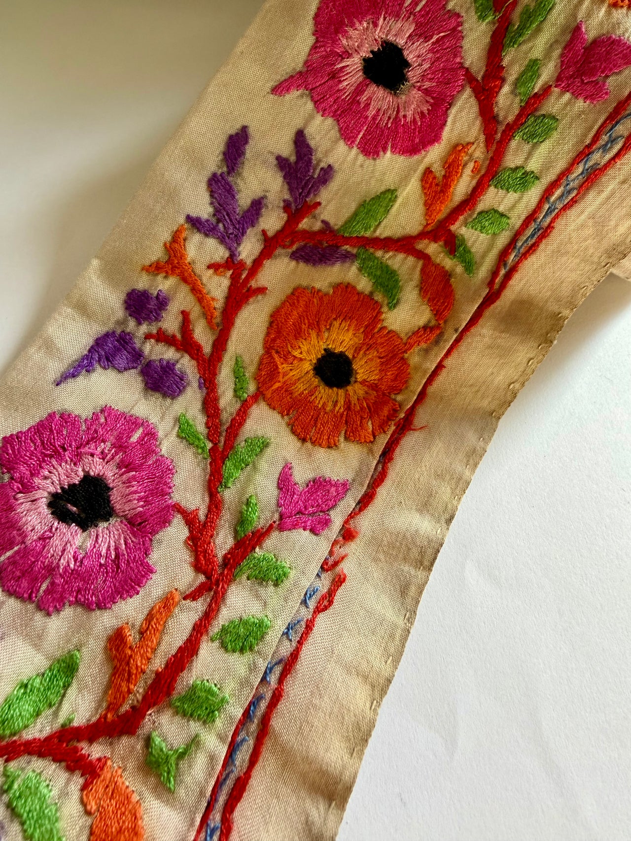 Upcyled Saree Trim - Pink & Orange Flowers Hand Stitched