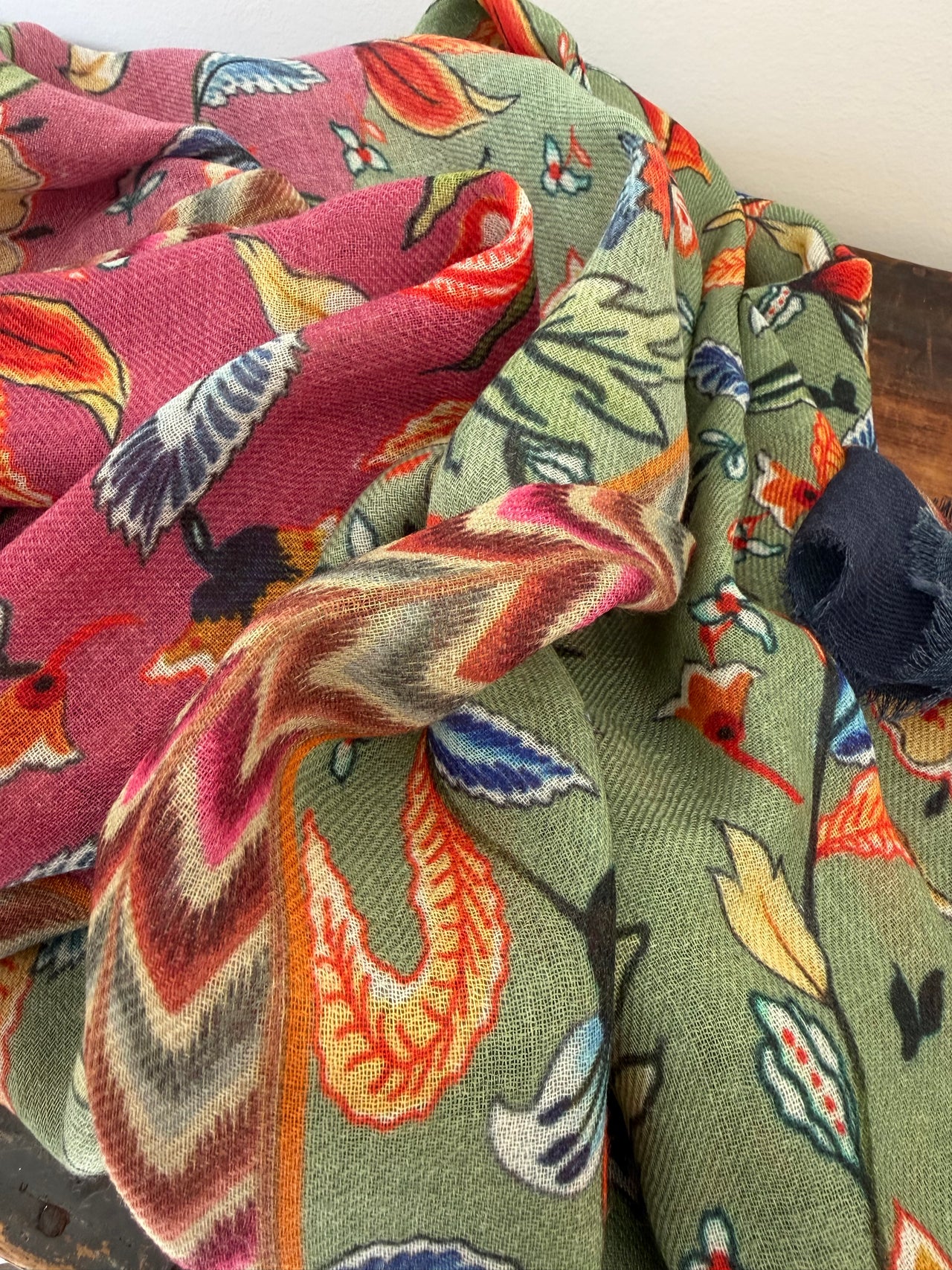 Wool Silk Blend Scarves -  Green & Orange