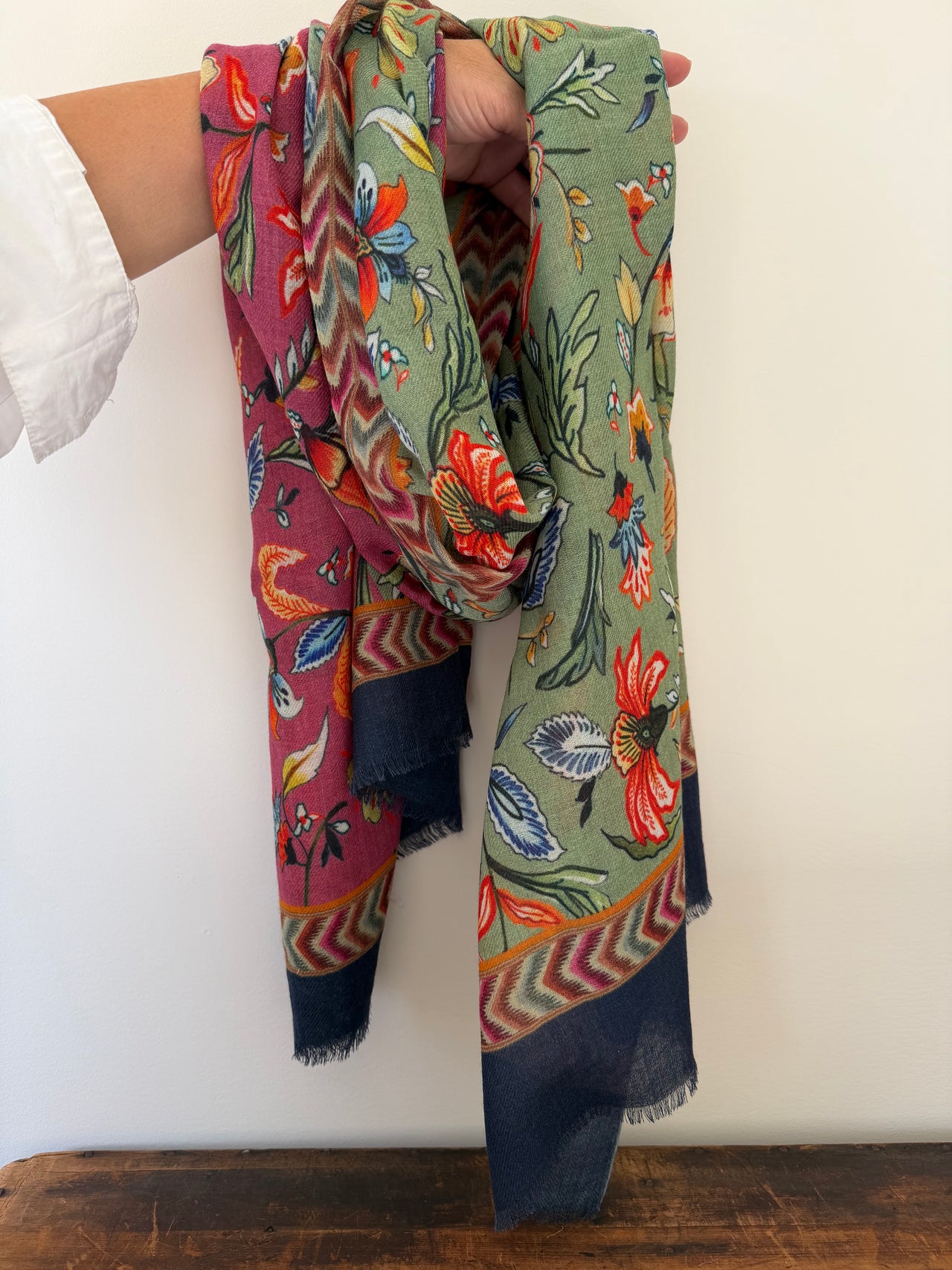 Wool Silk Blend Scarves -  Green & Orange