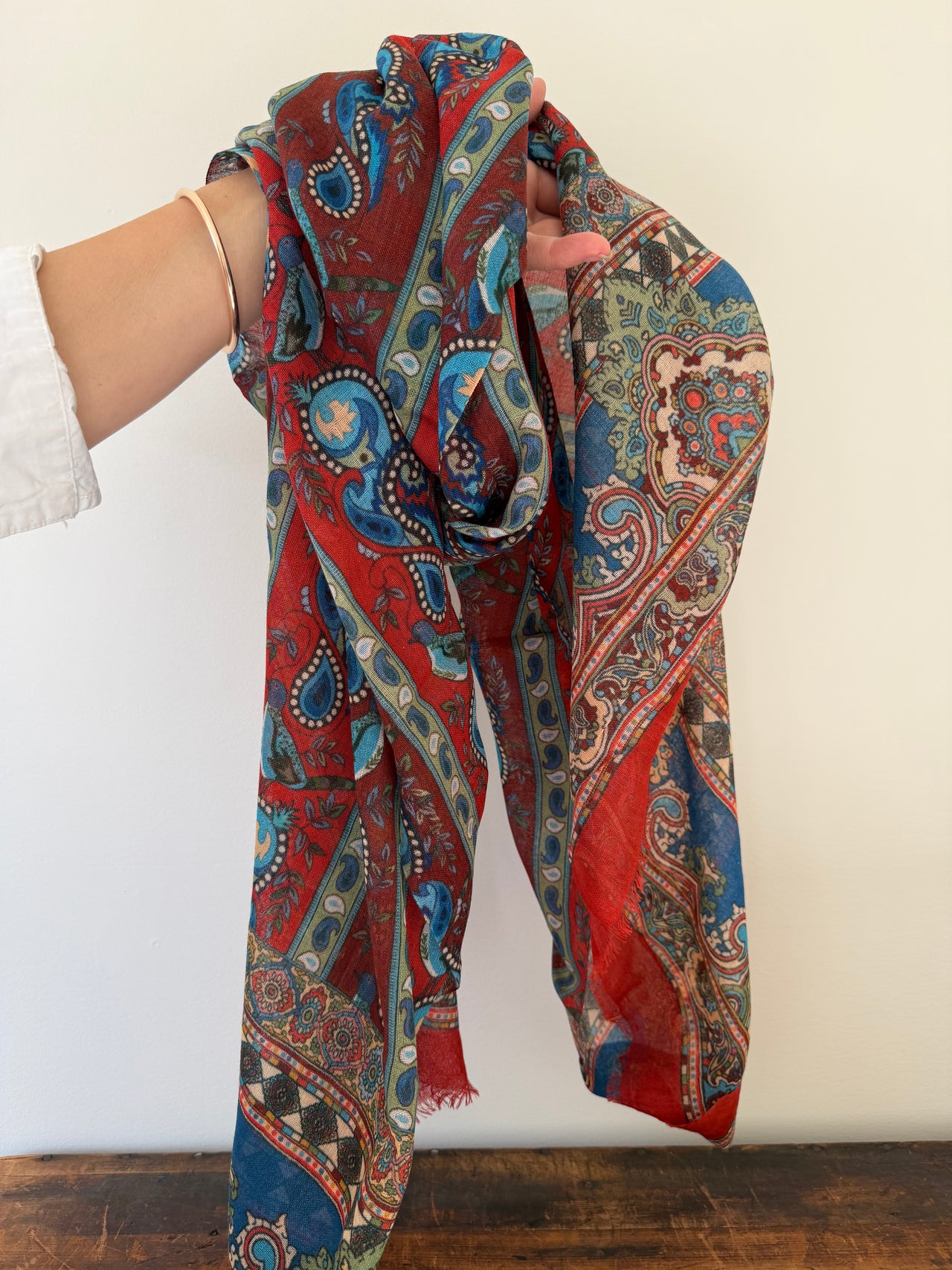 Wool Silk Blend Scarves  -  Red & Blue