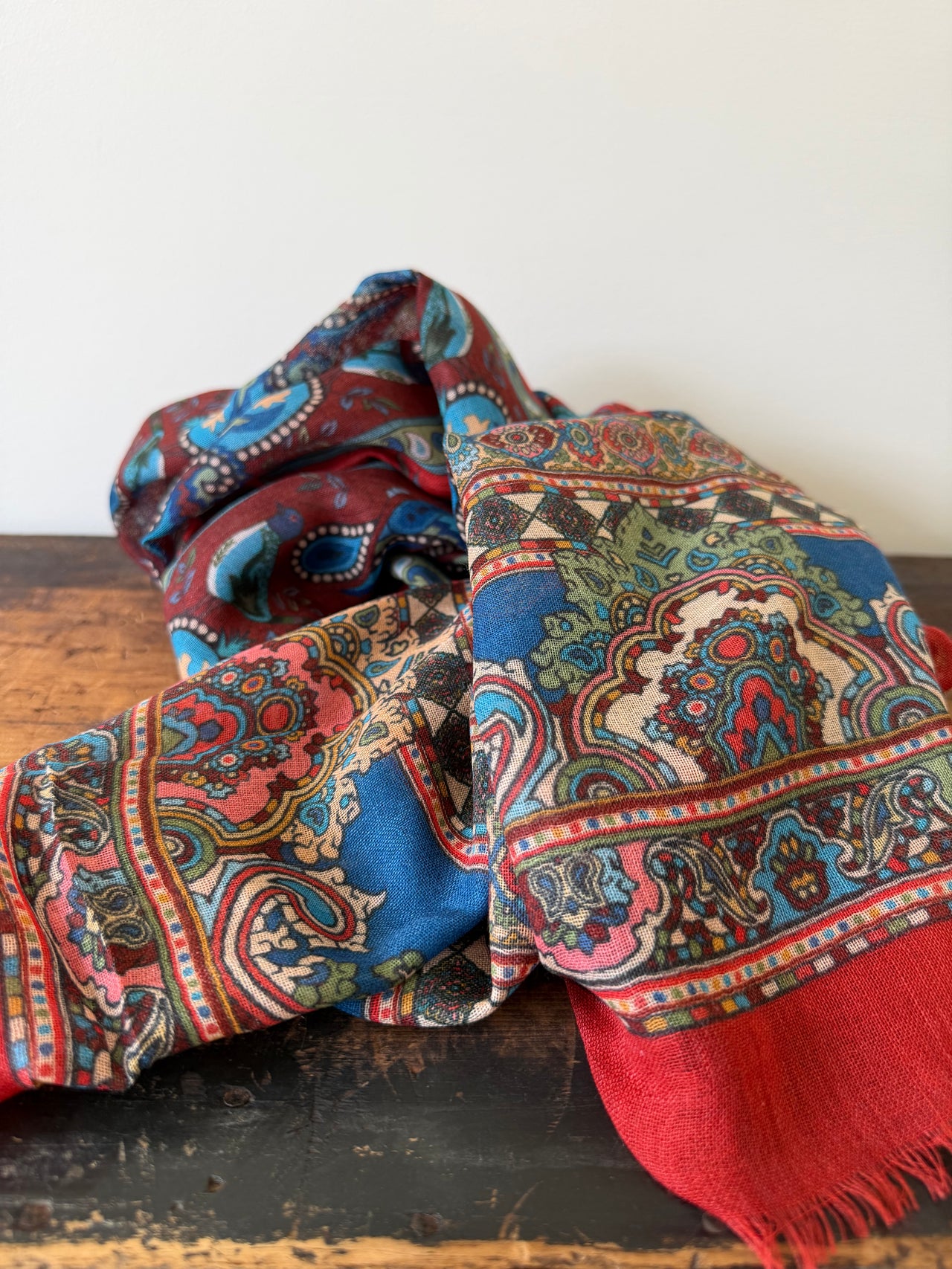 Wool Silk Blend Scarves  -  Red & Blue