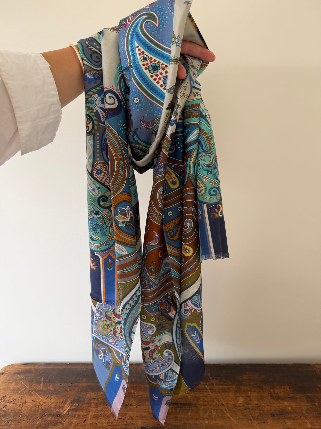 100% Silk Scarves -  Blue & Brown Paisley Pattern