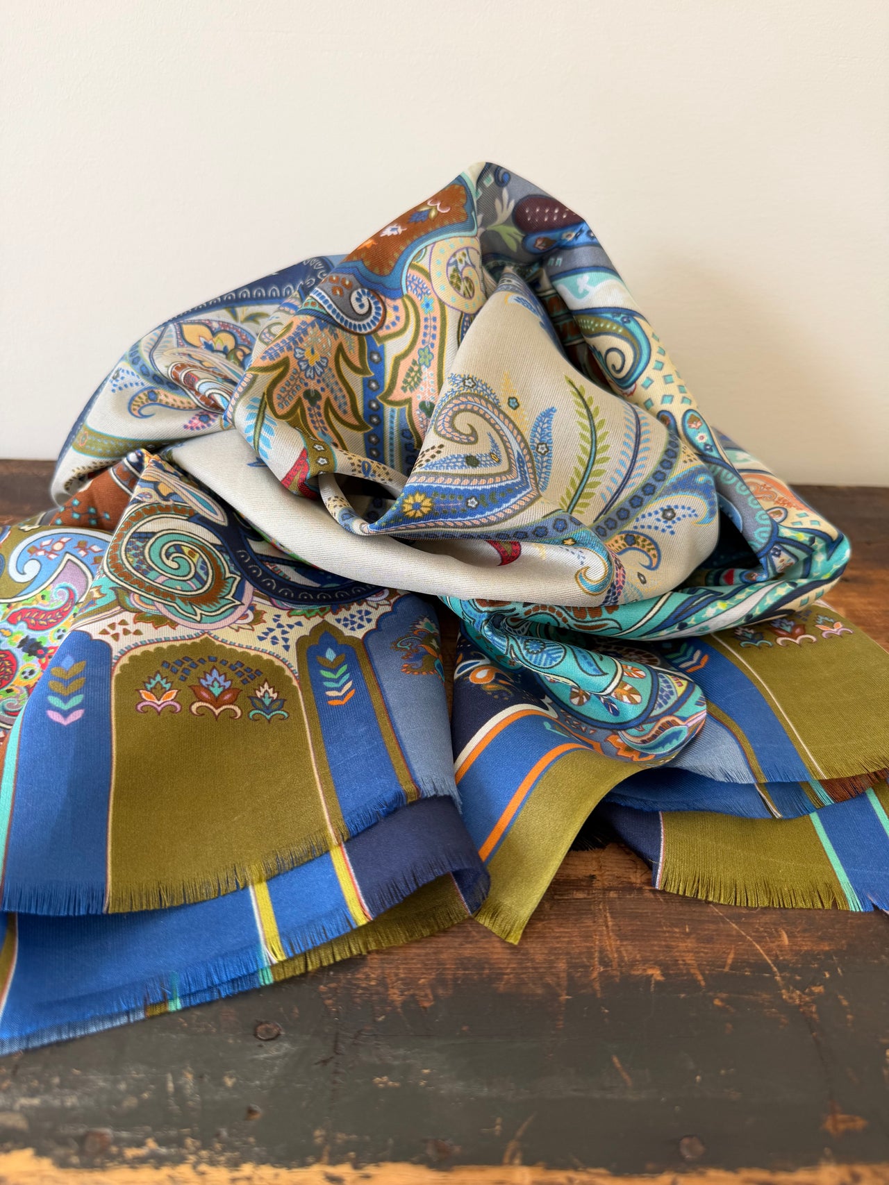100% Silk Scarves -  Blue & Brown Paisley Pattern