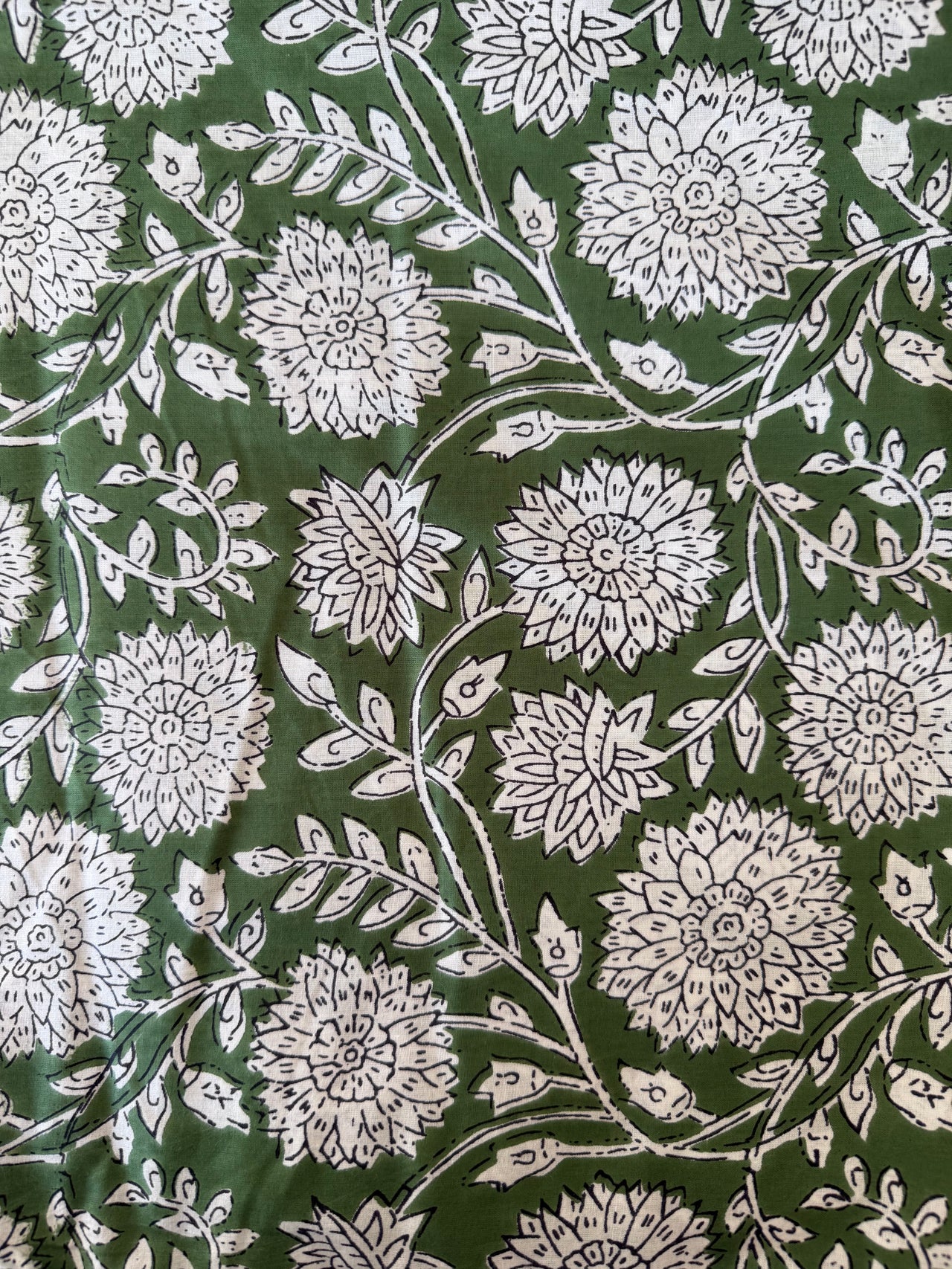 100% Cotton Fabric – Green With White Floral