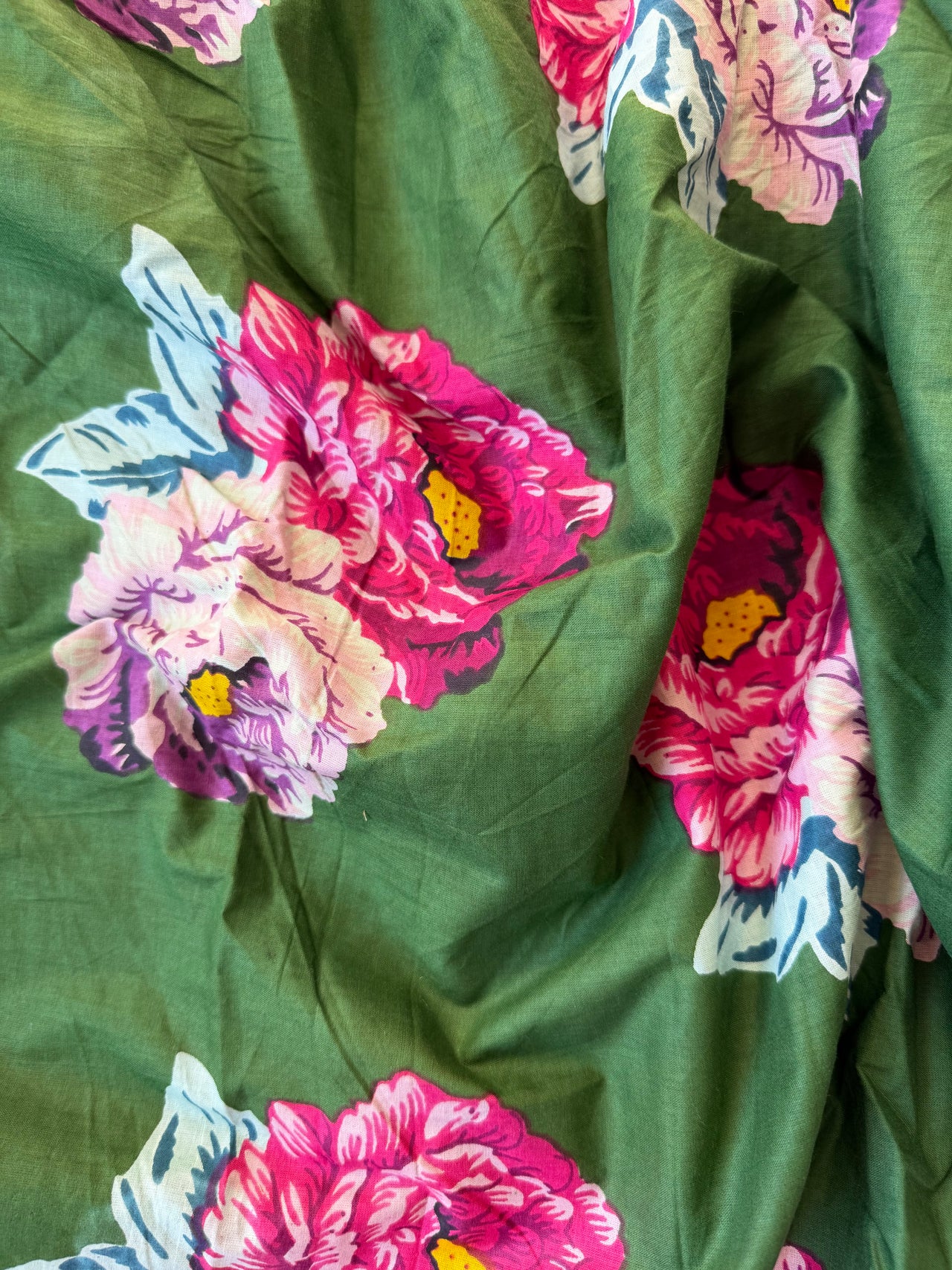 100% Cotton Fabric – Green With Large Pink Flowers
