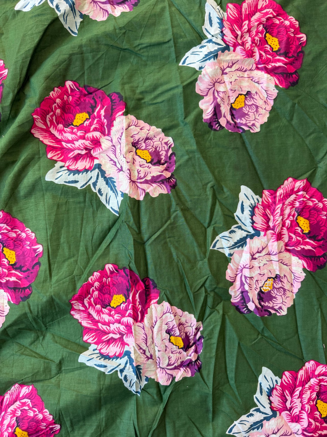 100% Cotton Fabric – Green With Large Pink Flowers