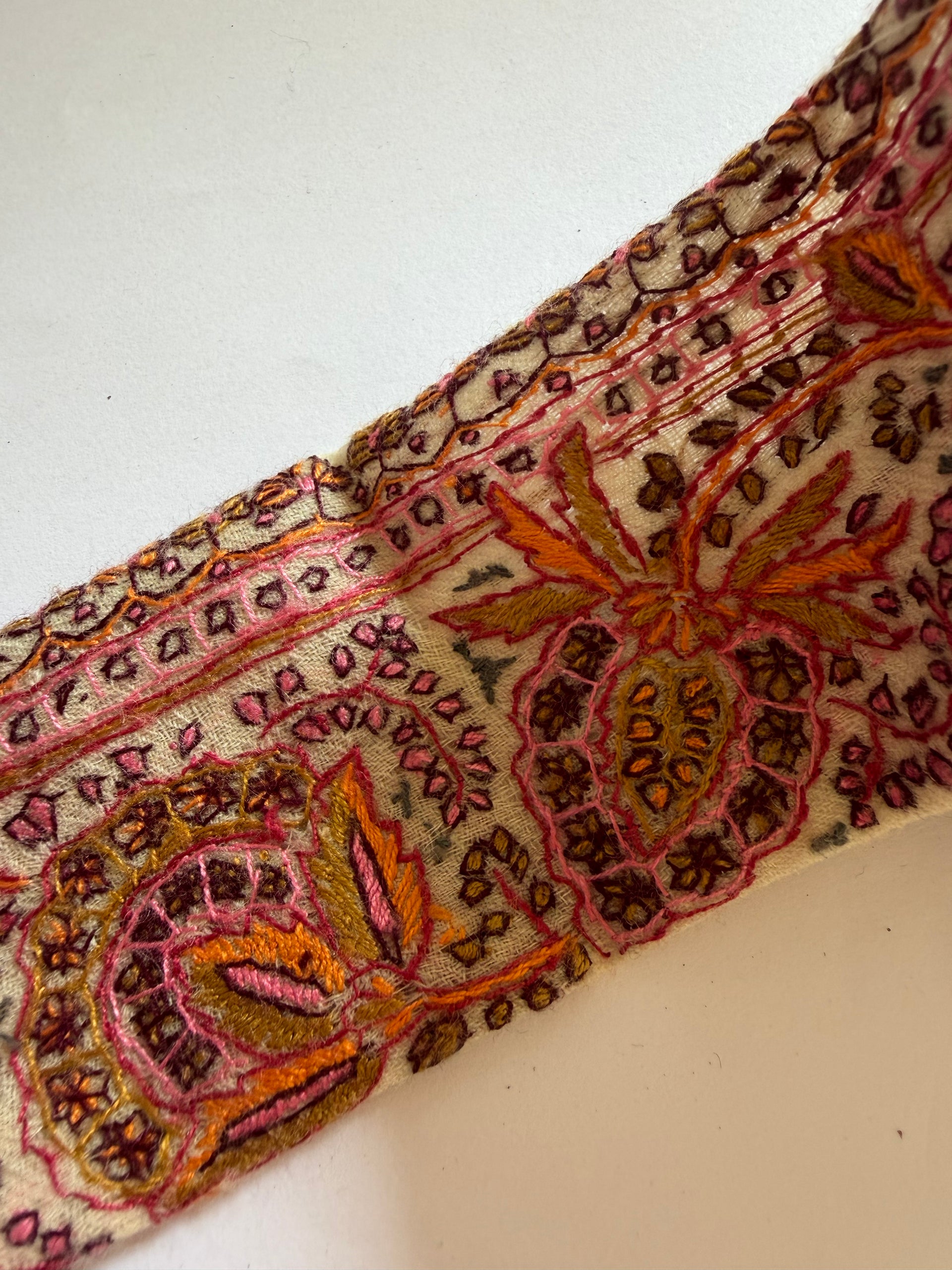 A close-up of a patterned textile or fabric strip with an ornate paisley and floral design in pink, orange, brown, and beige tones on a plain light background.
