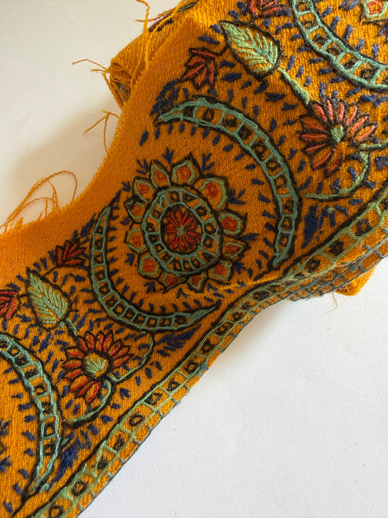 A close-up of a woven textile with a mustard yellow base and intricate multicolor floral and paisley patterns in blue, green, orange, and red, laid out on a white background.