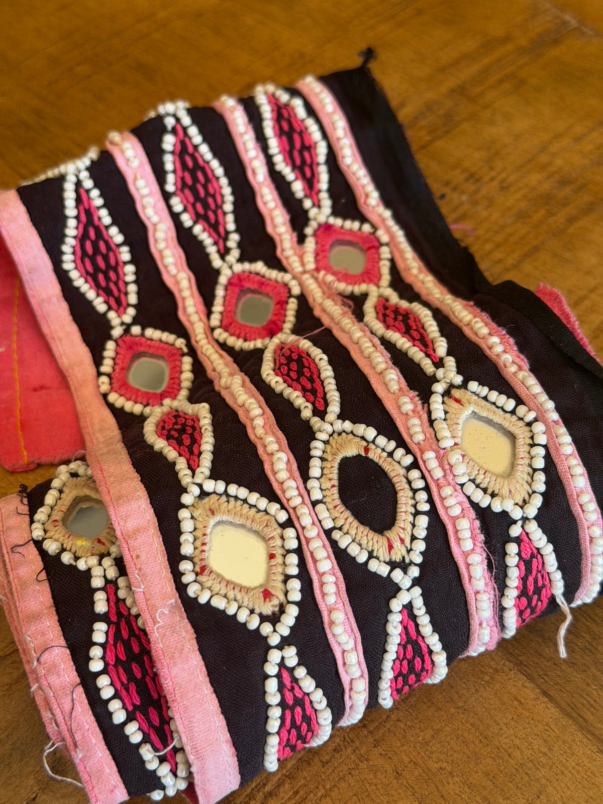 Black & Pink Beaded Vintage Trim From Gujarat