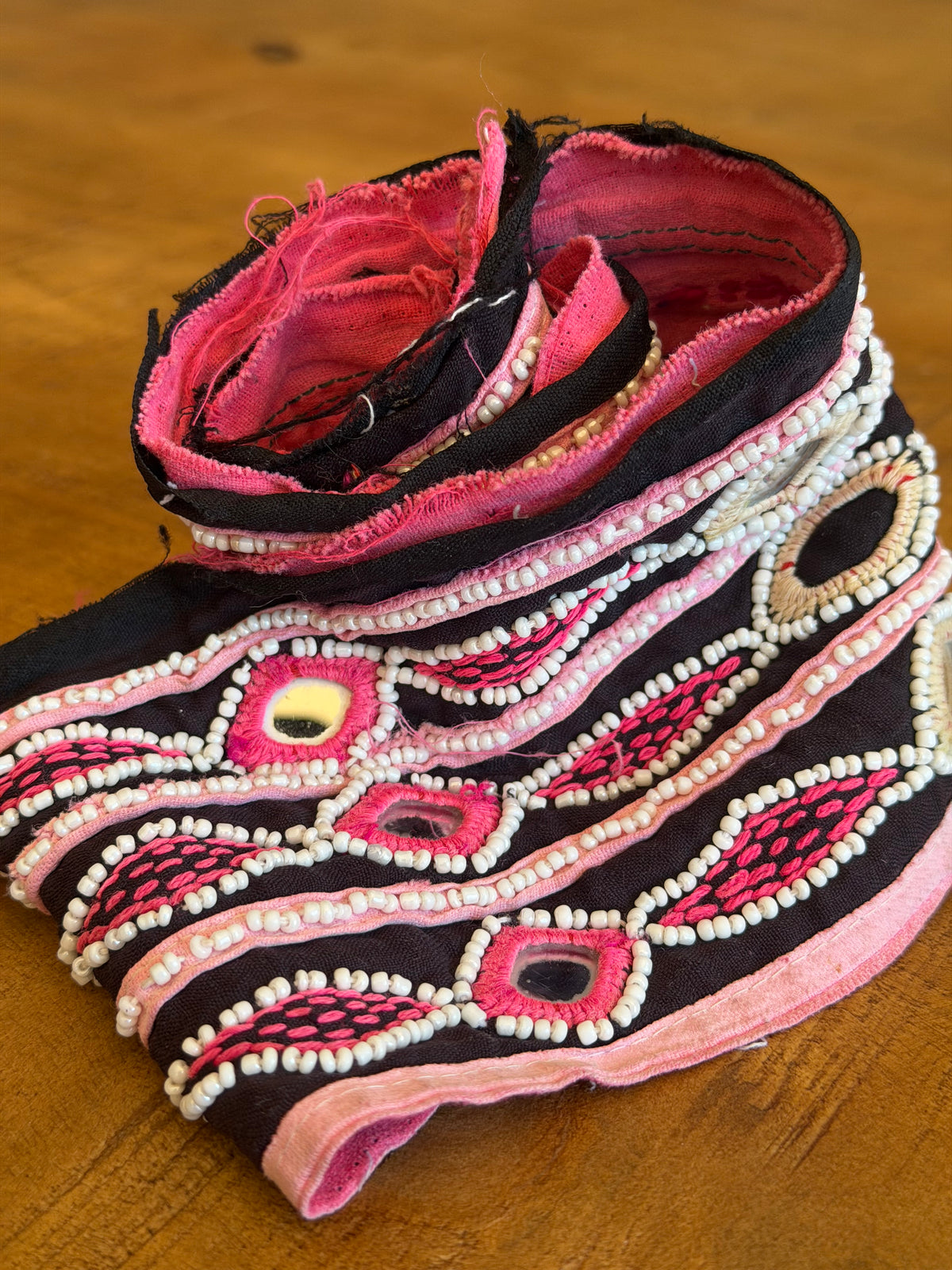Black & Pink Beaded Vintage Trim From Gujarat