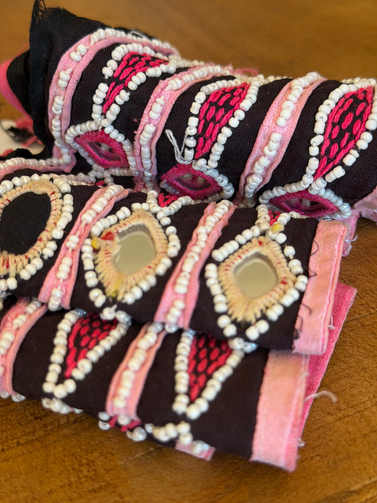 Black & Pink Beaded Vintage Trim From Gujarat