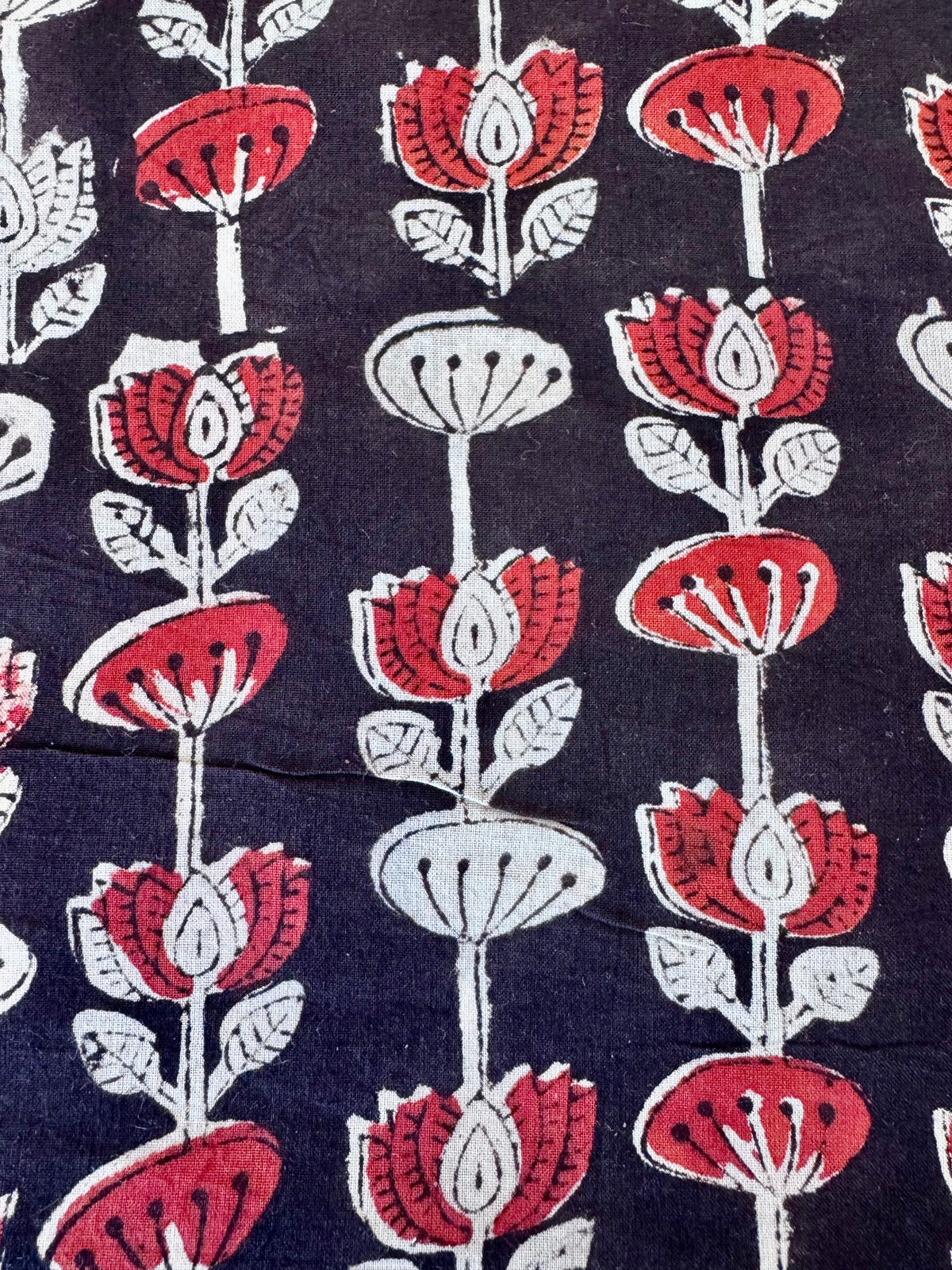 Block Print Cotton Fabric – Black With Red & White Floral