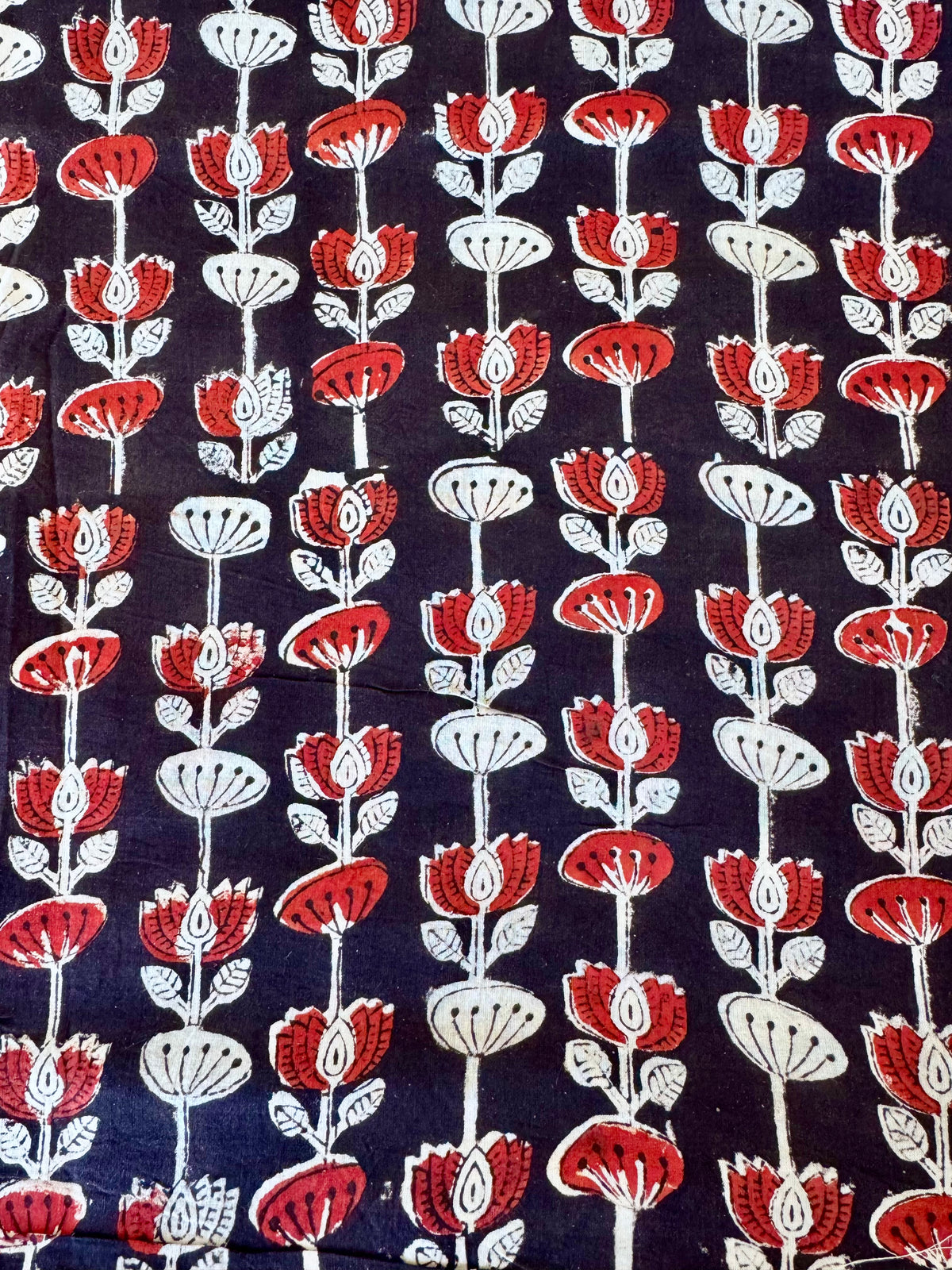 Block Print Cotton Fabric – Black With Red & White Floral