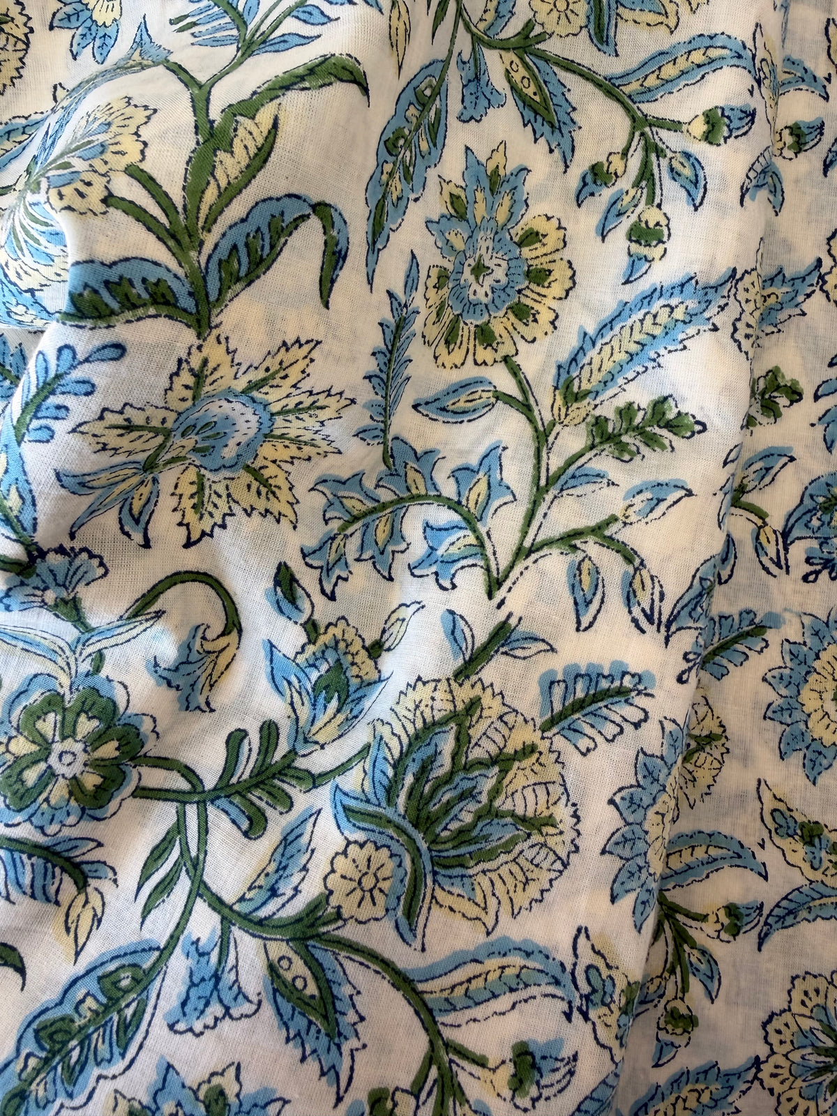 Block Print Cotton Fabric – Blue, Green & Yellow Floral