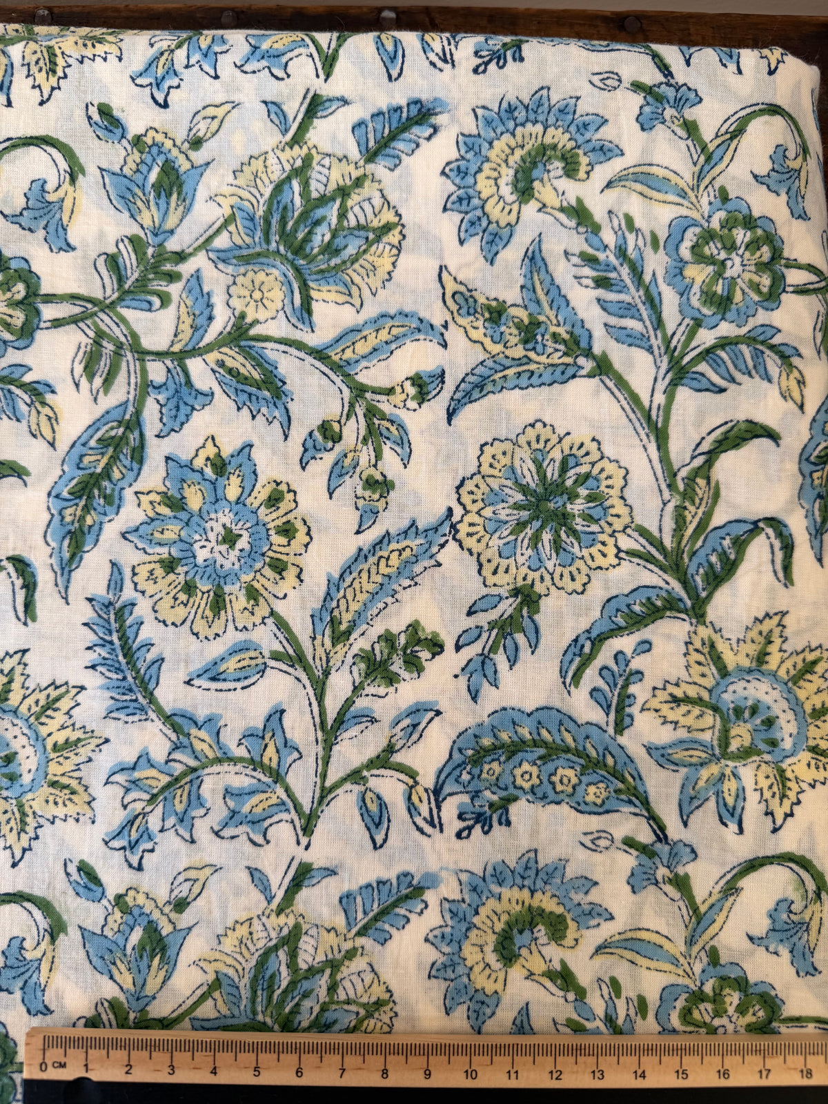 Block Print Cotton Fabric – Blue, Green & Yellow Floral