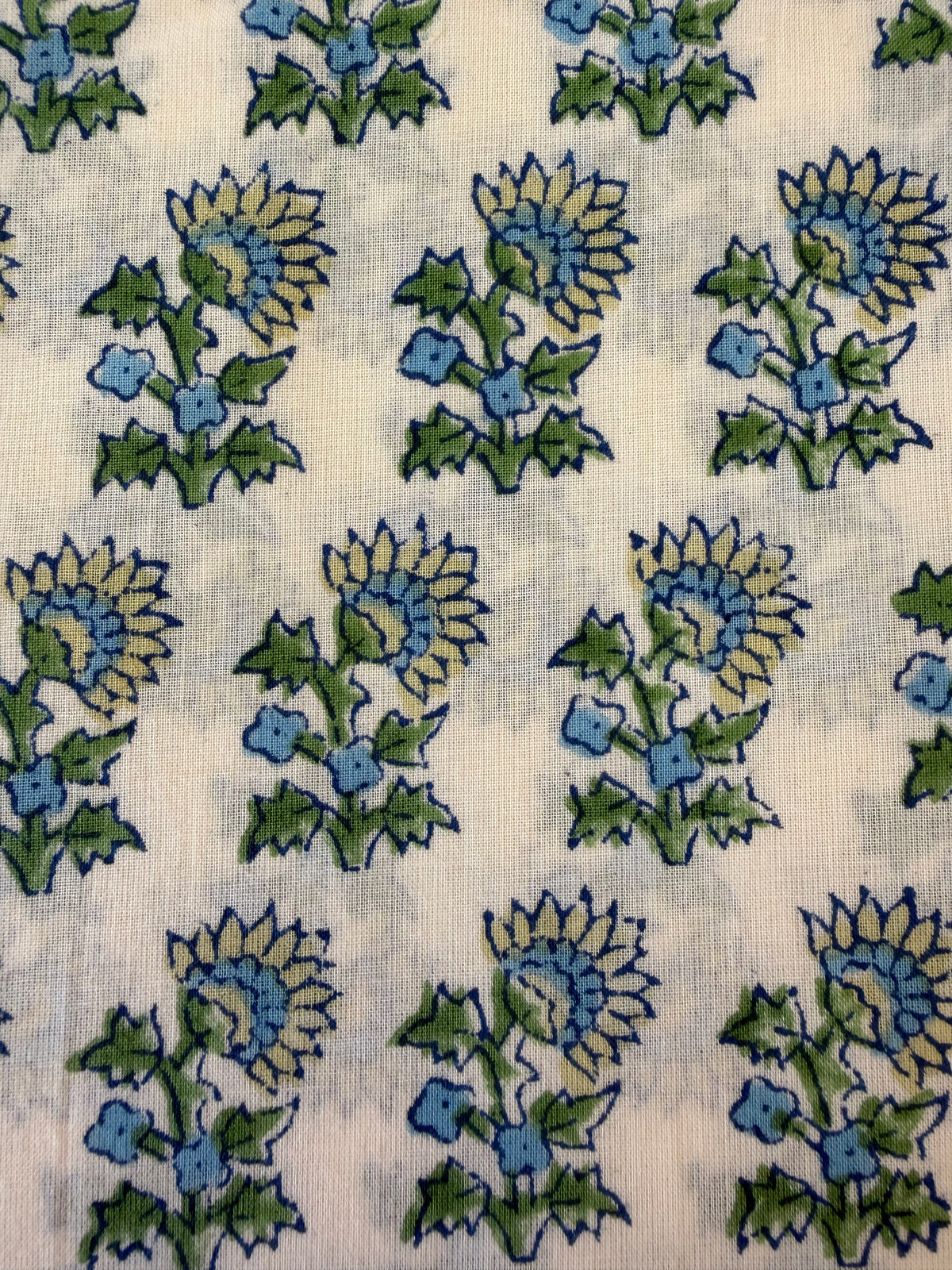 Block Print Cotton Fabric – Blue, Lemon & Green Floral