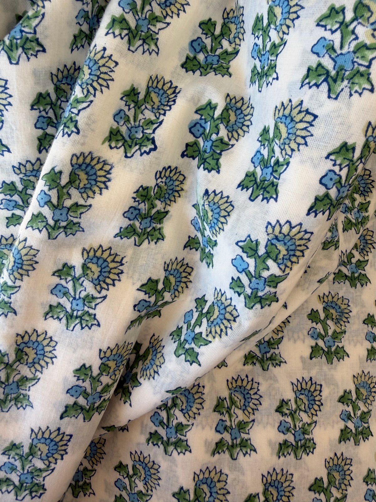 Block Print Cotton Fabric – Blue, Lemon & Green Floral