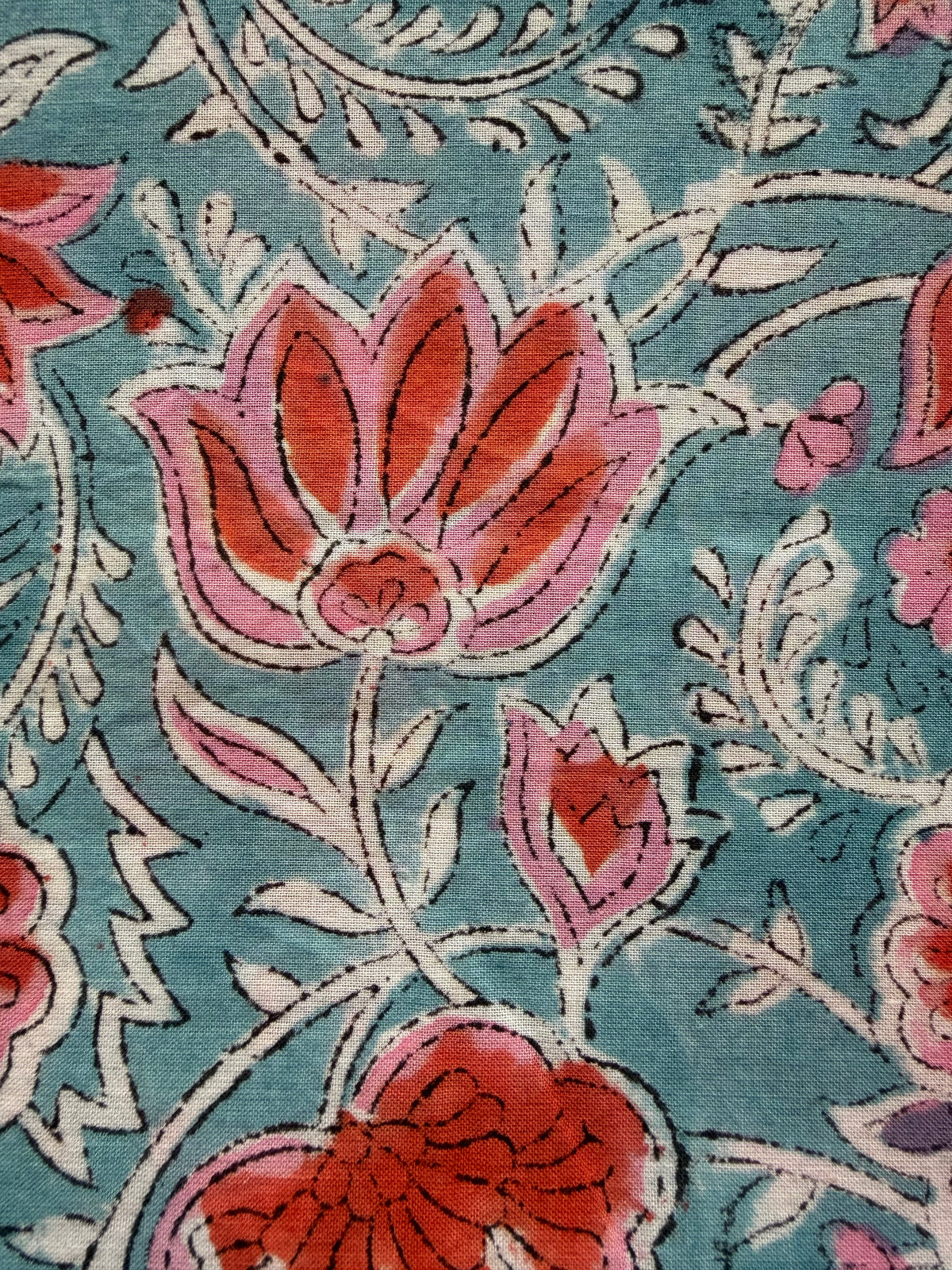Block Print Cotton Fabric – Blue Orange Floral
