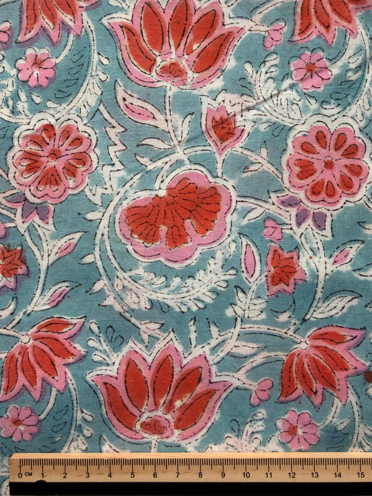 Block Print Cotton Fabric – Blue Orange Floral