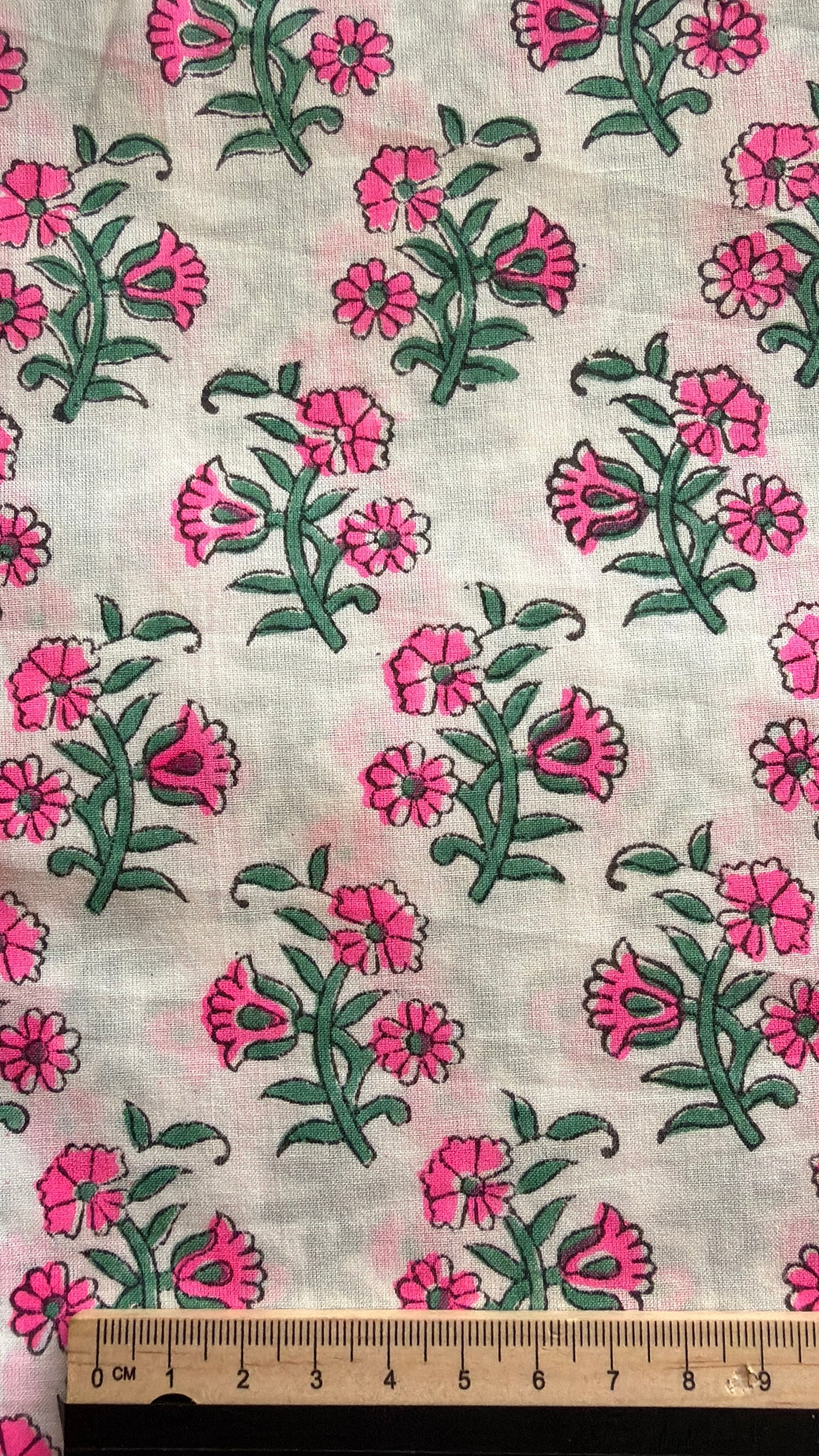 Block Print Cotton Fabric – Fluro Pink Floral on White