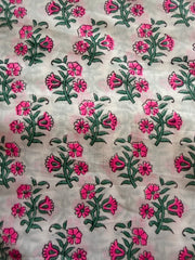 Block Print Cotton Fabric – Fluro Pink Floral on White
