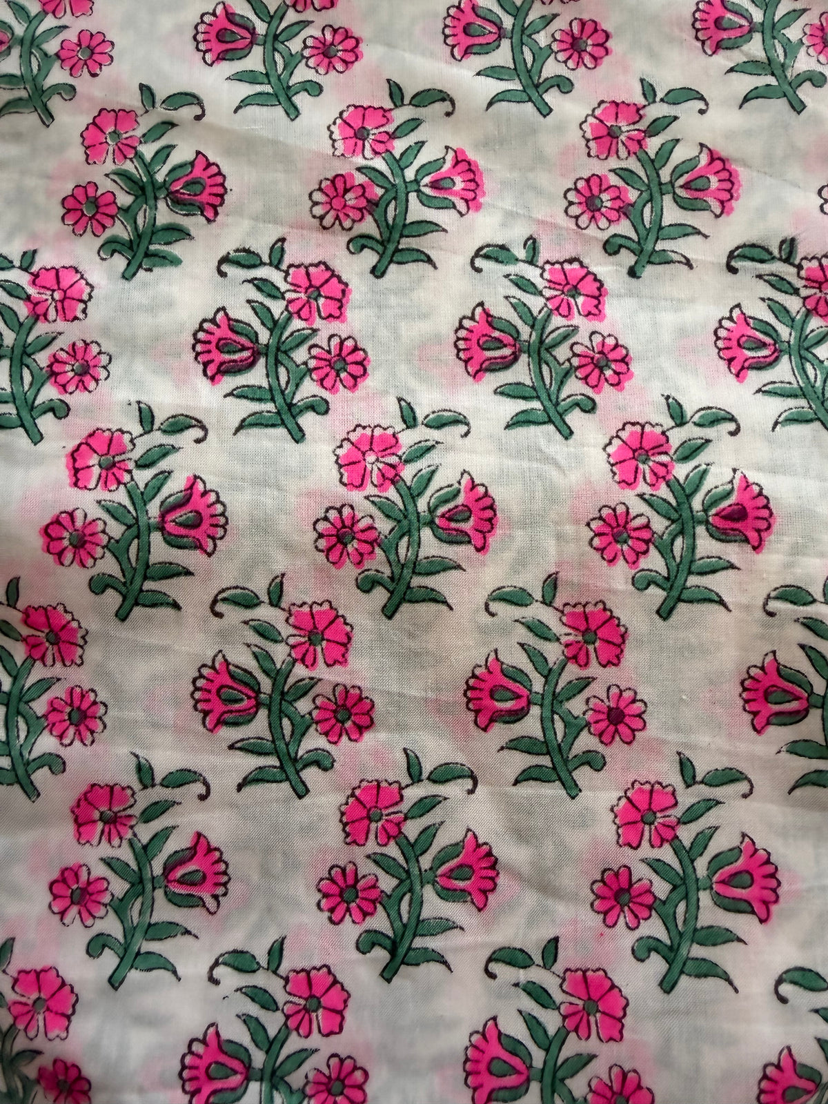 Block Print Cotton Fabric – Fluro Pink Floral on White