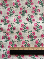 Block Print Cotton Fabric – Fluro Pink Floral on White