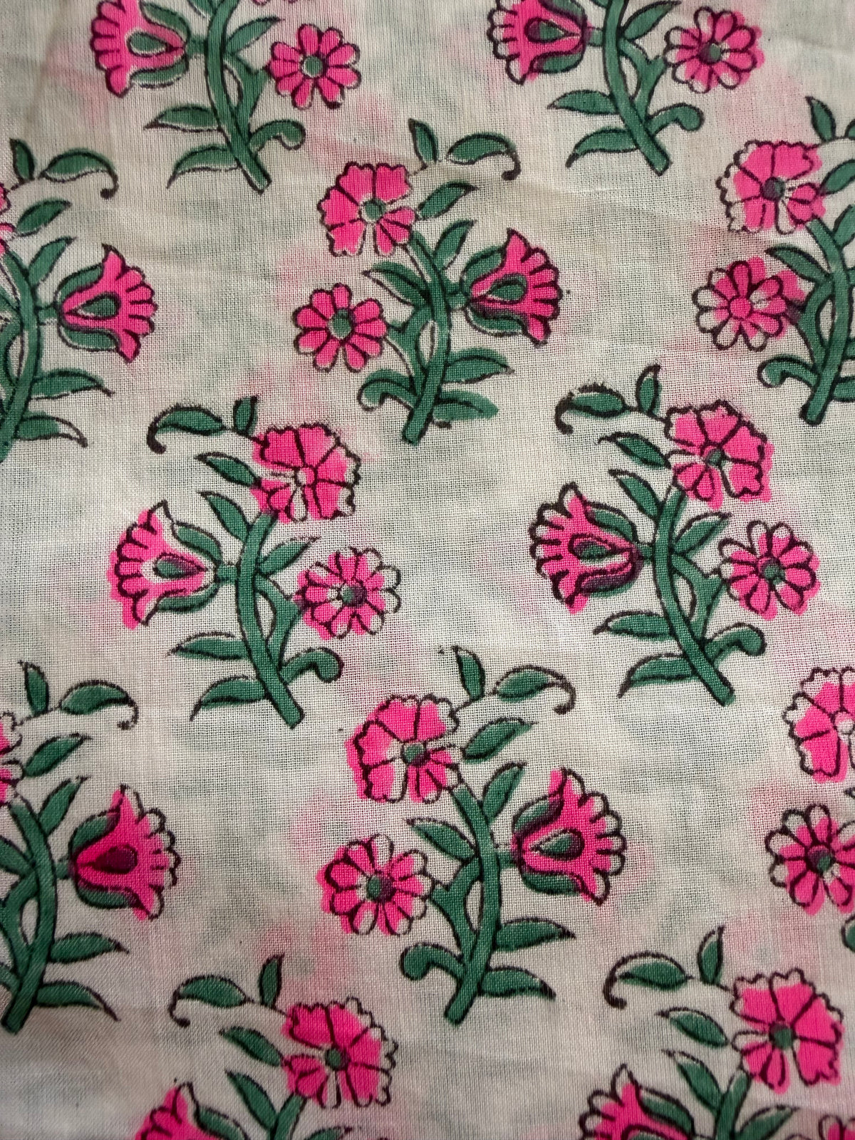 Block Print Cotton Fabric – Fluro Pink Floral on White