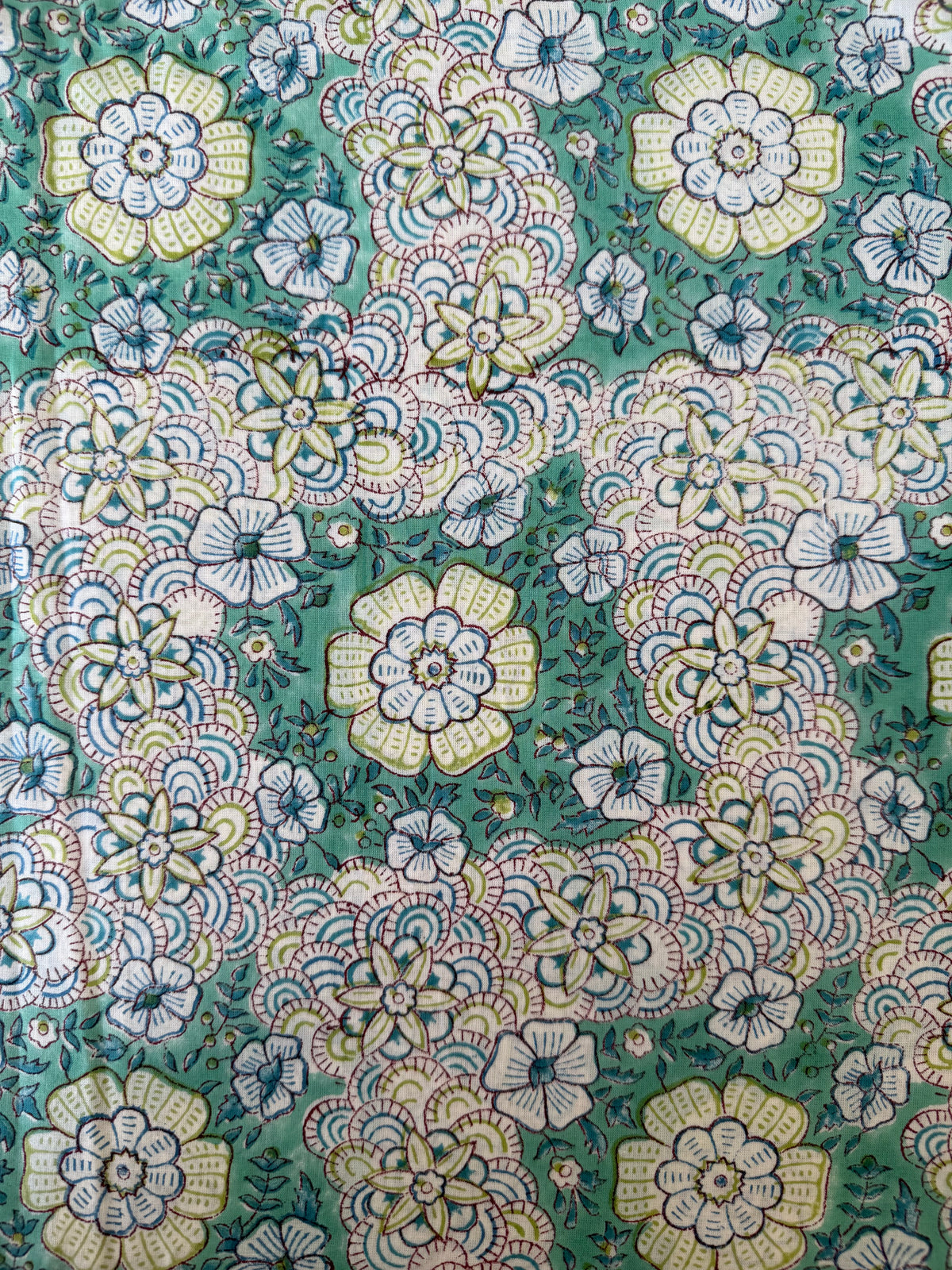 Block Print Cotton Fabric – Green & Turquoise Floral