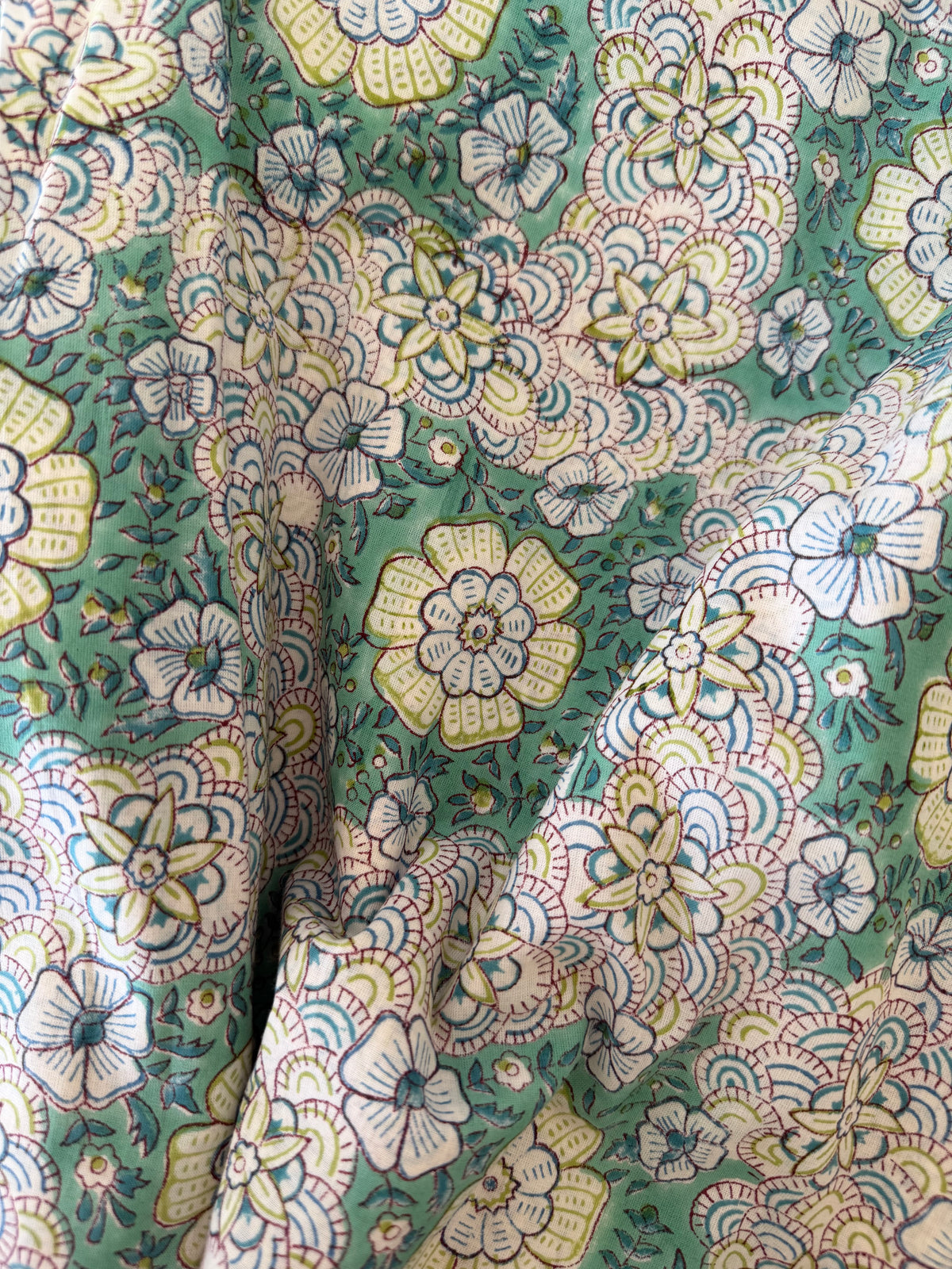Block Print Cotton Fabric – Green & Turquoise Floral