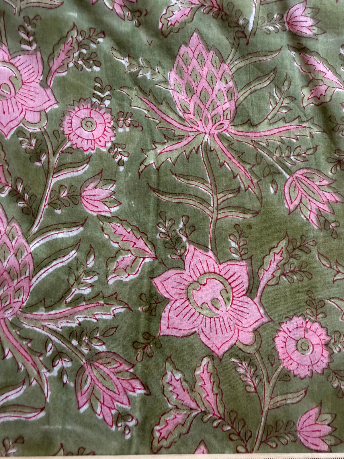 Block Print Cotton Fabric – Green Pink with Border